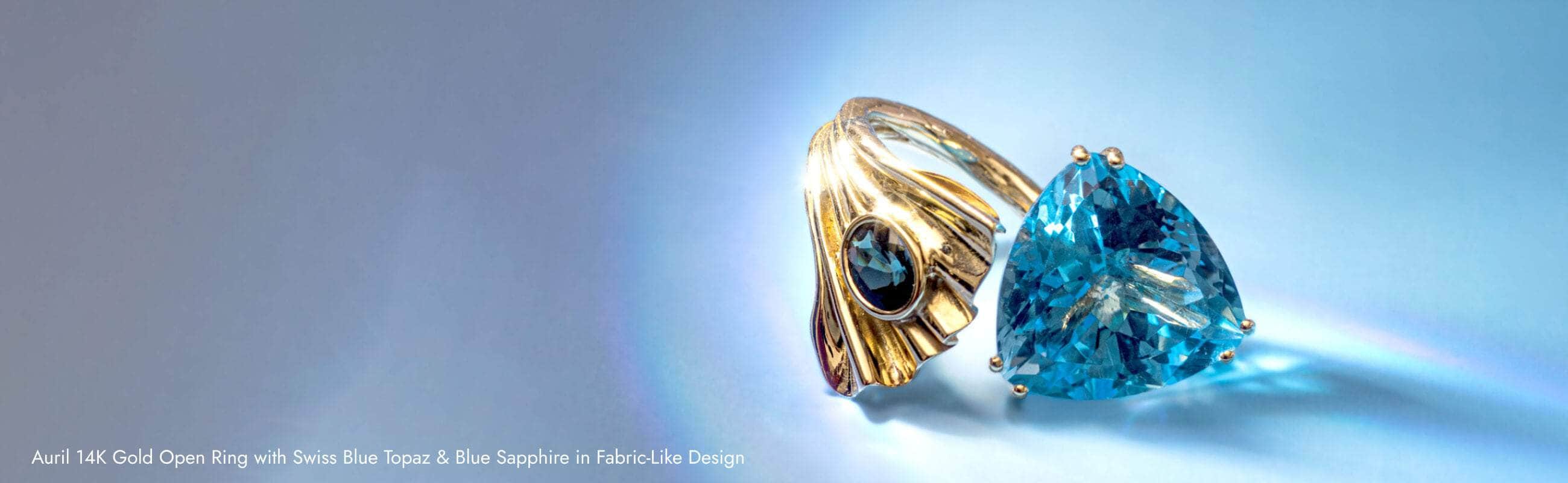 14K gold ring with natural blue topaz and sapphire