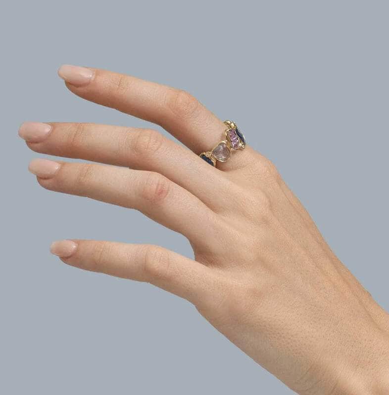 14K Gold Ring with Fancy Oval-Cut Sapphire Woven in Gold Yarn