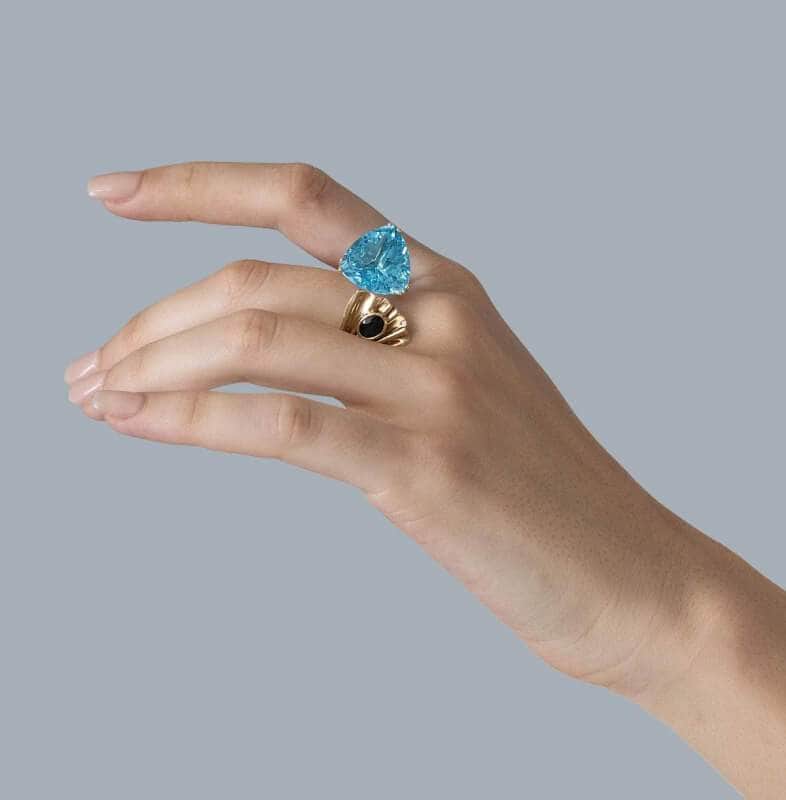 14K Gold Ring with Fancy Oval-Cut Sapphire Woven in Gold Yarn