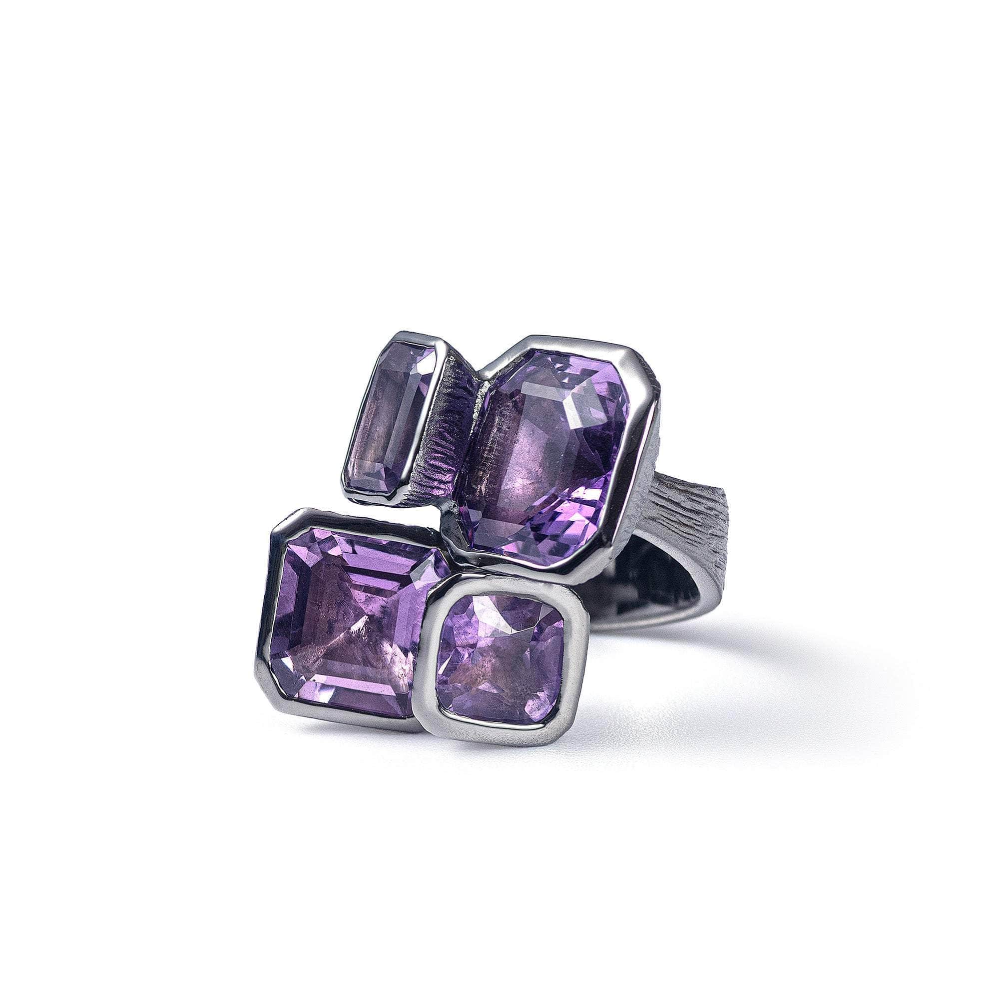 Acan Iconic Statement 925 Silver Ring with Natural Amethyst in Black Rhodium