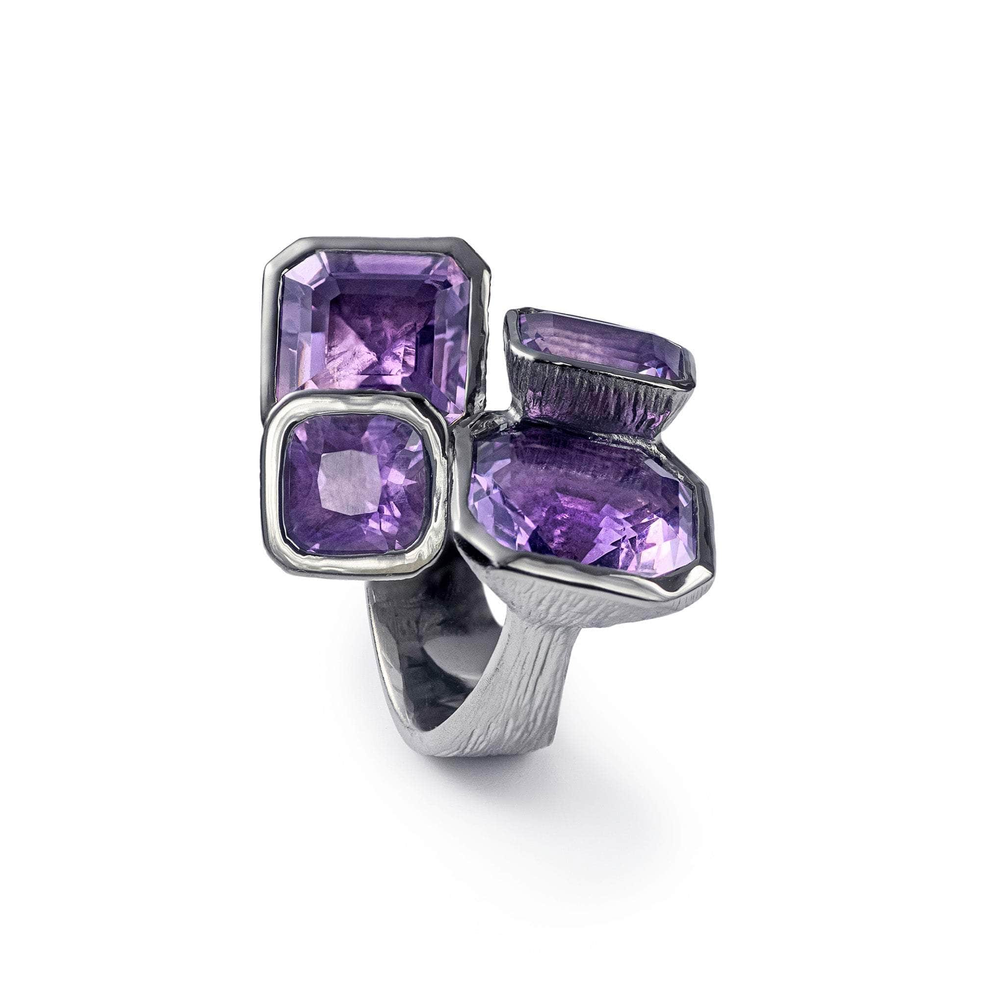 Acan Iconic Statement 925 Silver Ring with Natural Amethyst in Black Rhodium