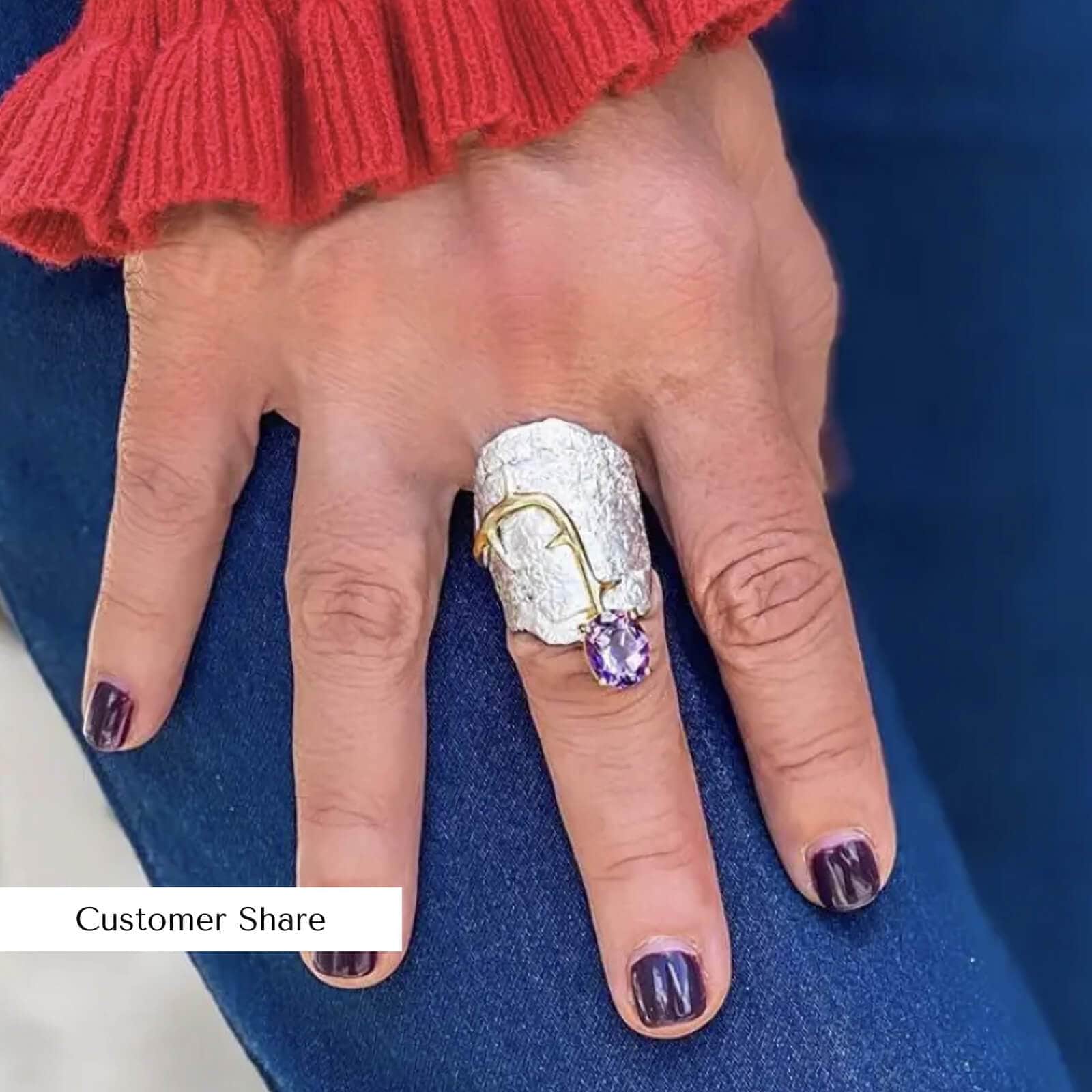 Adelinde Iconic Design Amethyst 925 Silver Ring in White Rhodium and 18K Gold