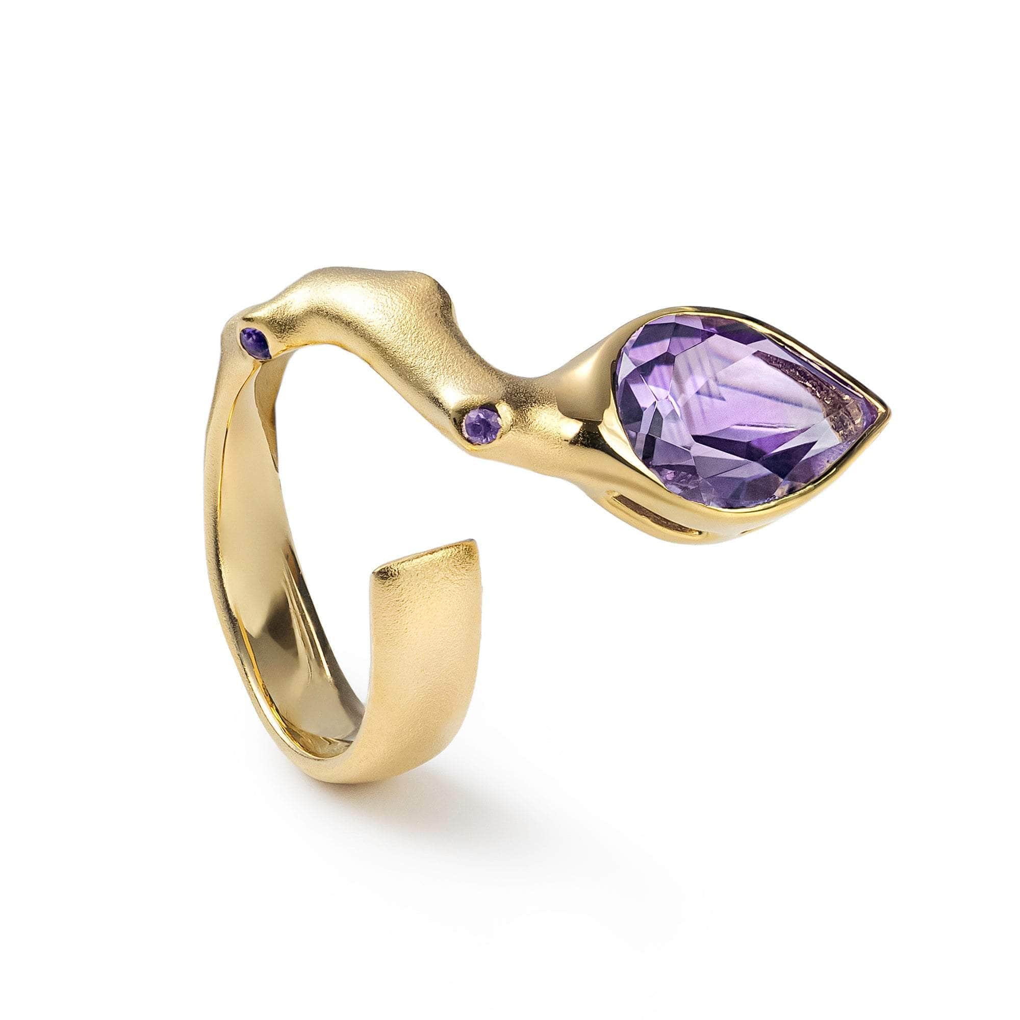 Aegir 18K Gold-plated 925 Silver Ring with Natural Large Pear-cut Amethyst