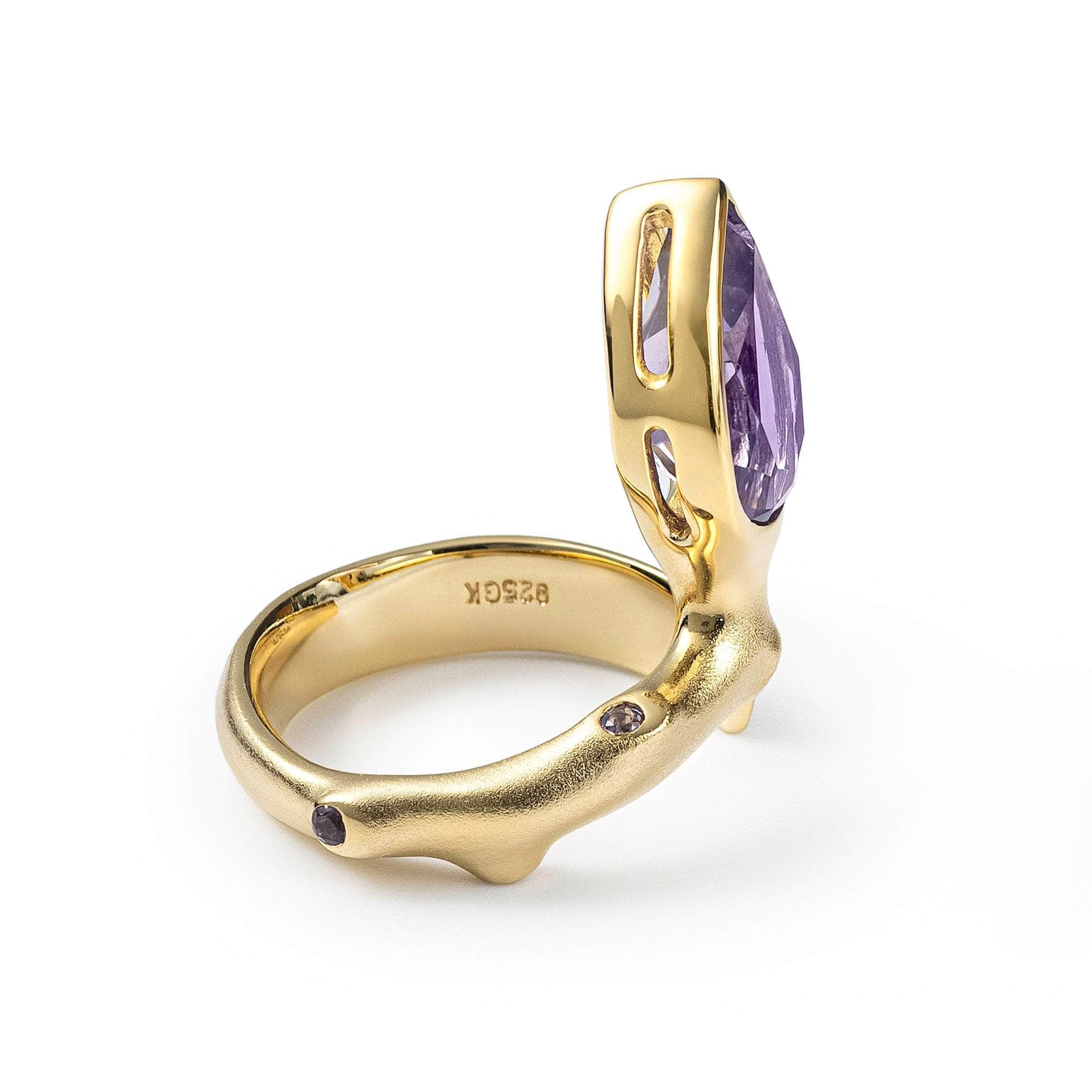 Aegir 18K Gold-plated 925 Silver Ring with Natural Large Pear-cut Amethyst