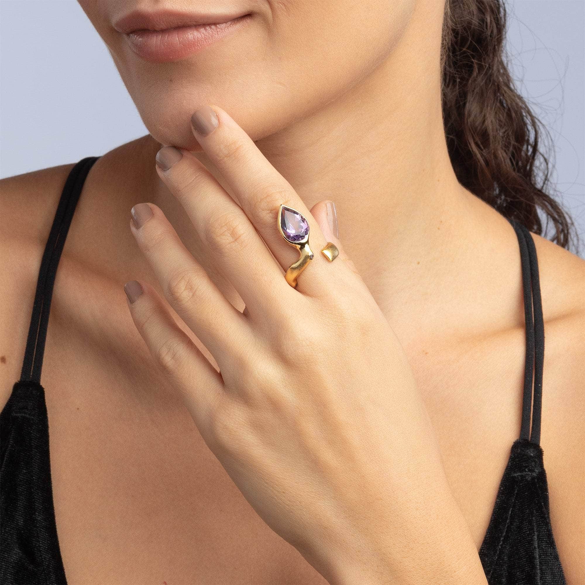 Aegir 18K Gold-plated 925 Silver Ring with Natural Large Pear-cut Amethyst