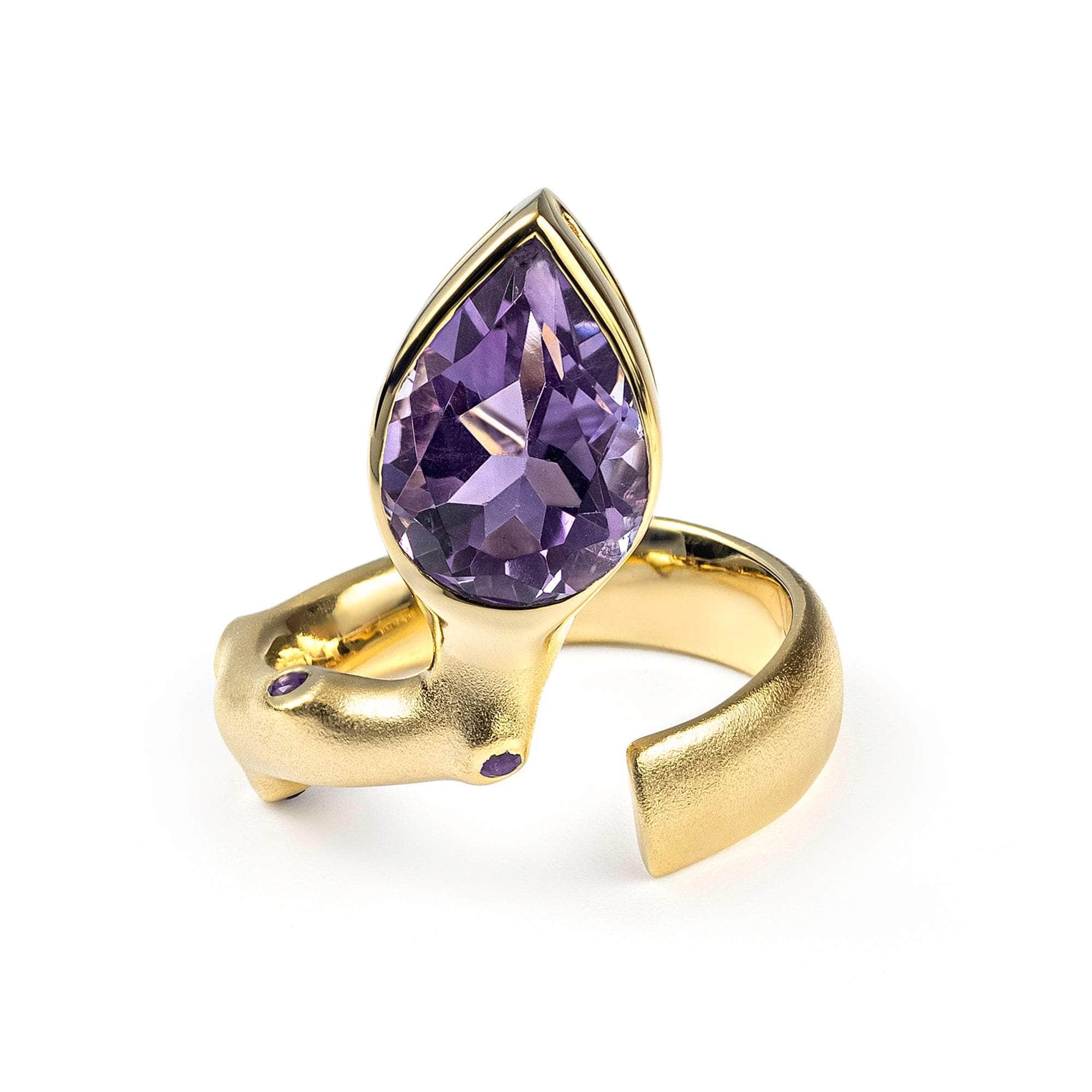 Aegir 18K Gold-plated 925 Silver Ring with Natural Large Pear-cut Amethyst