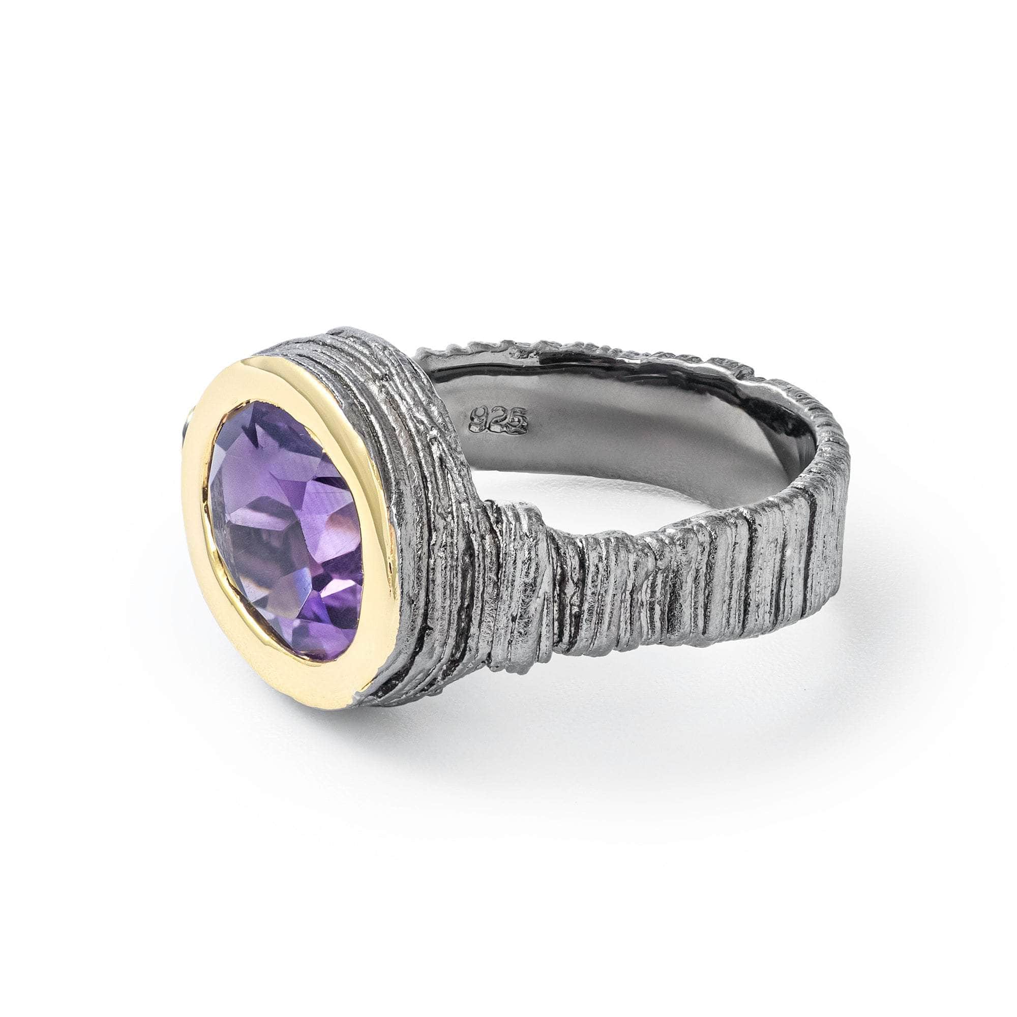 Aguna Textured 925 Silver Ring with Natural Amethyst in Black Rhodium & 18K Gold