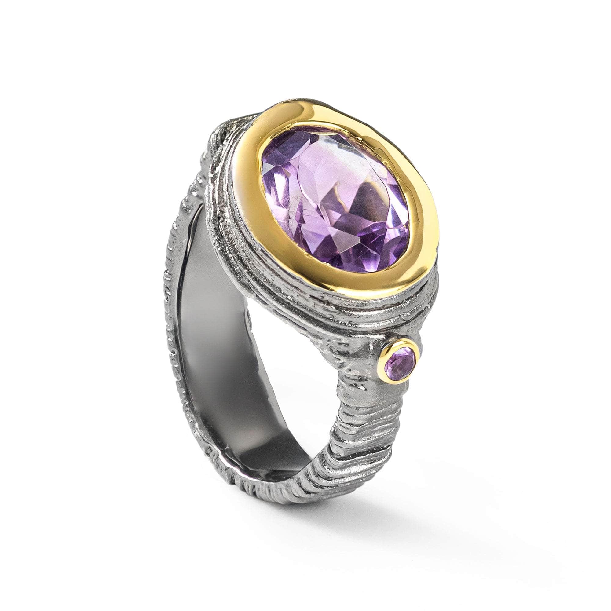 Aguna Textured 925 Silver Ring with Natural Amethyst in Black Rhodium & 18K Gold