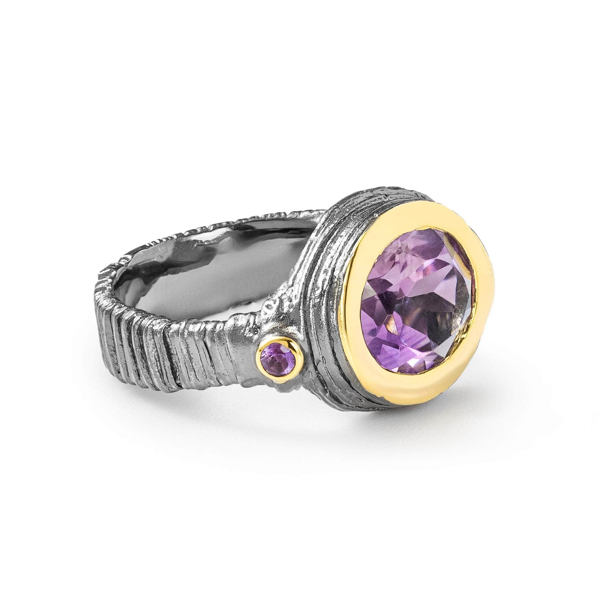 Aguna Textured 925 Silver Ring with Natural Amethyst in Black Rhodium & 18K Gold