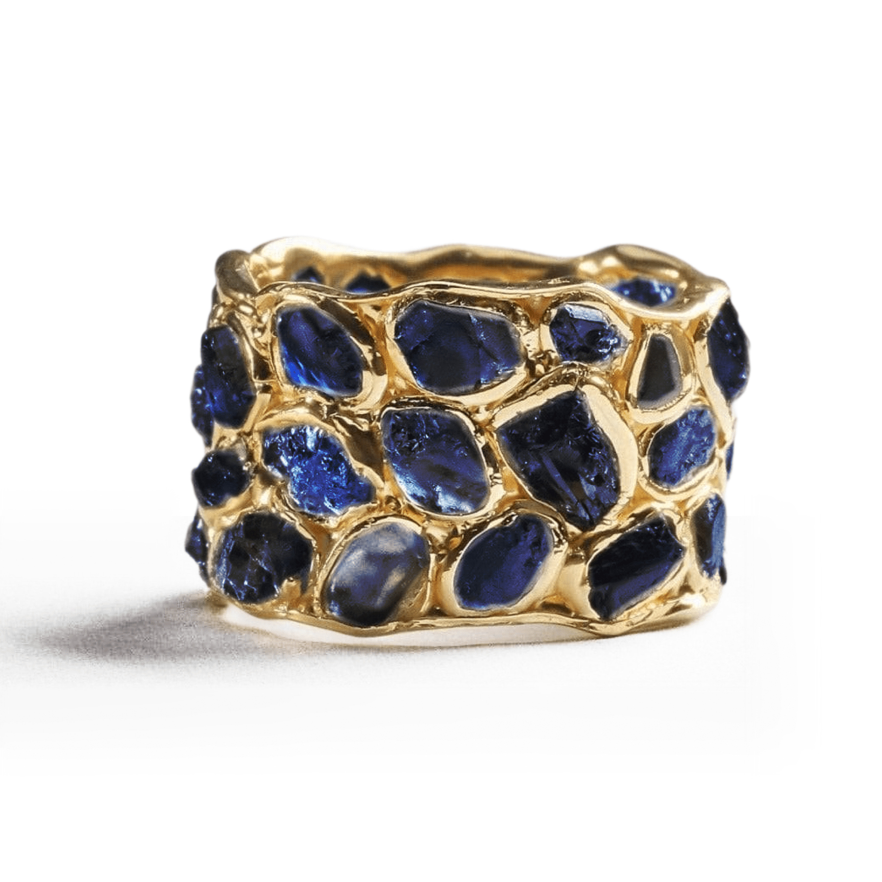 Alcina Natural Raw Blue Sapphire 925 Silver Ring in Signature 'Stained Glass' Technique (18K Gold-Plated)(3 row)