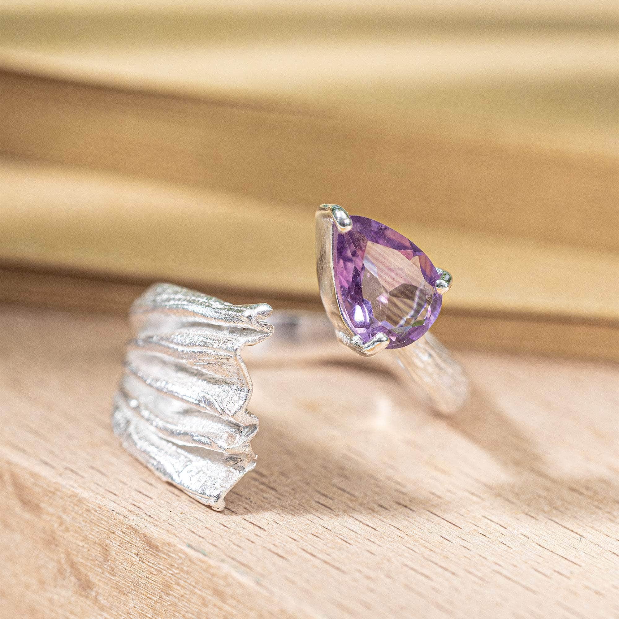 Alecto Open Band Ring in Silver with Pear Cut Amethyst and Textured Detail in Anti Tarnish Finish