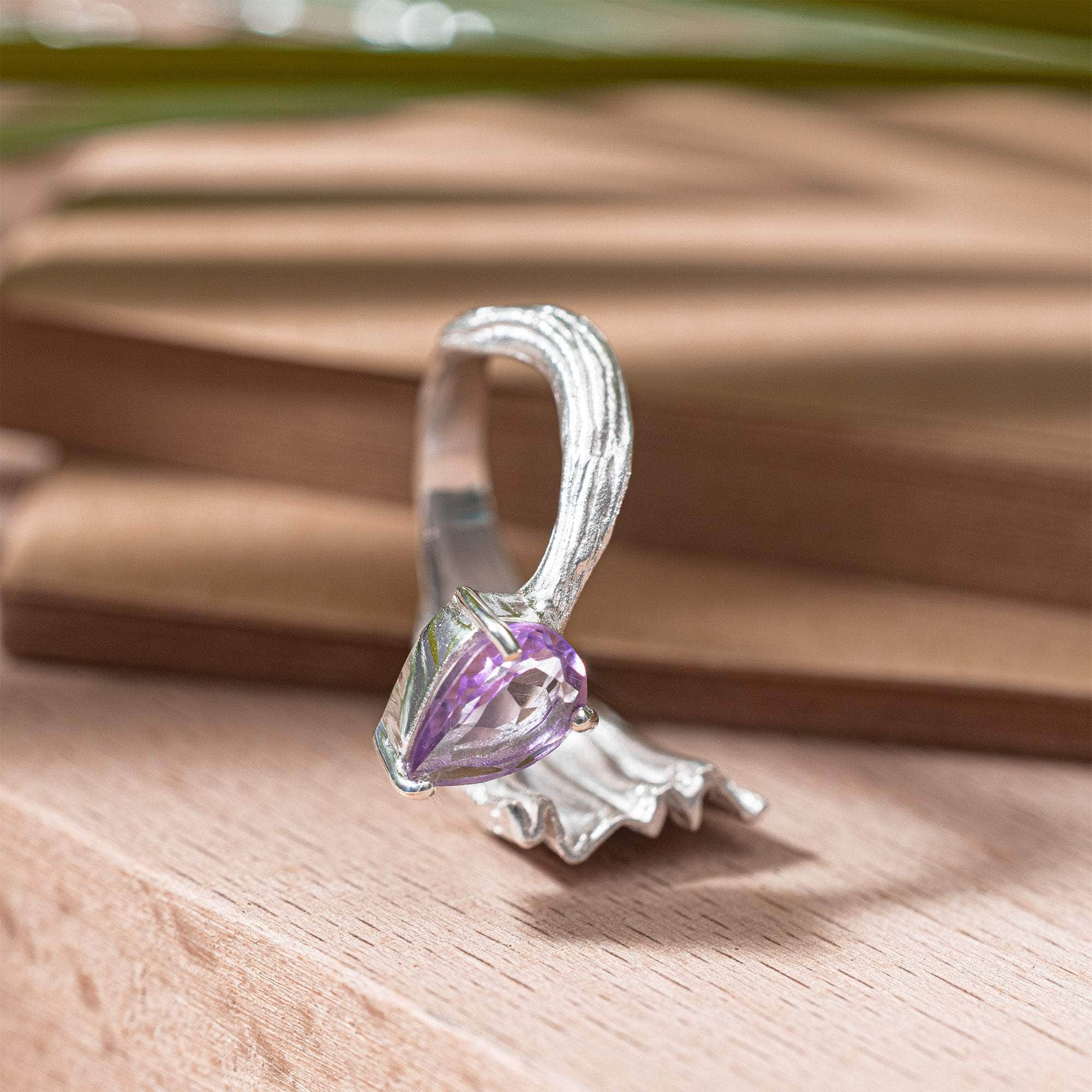 Alecto Open Band Ring in Silver with Pear Cut Amethyst and Textured Detail in Anti Tarnish Finish