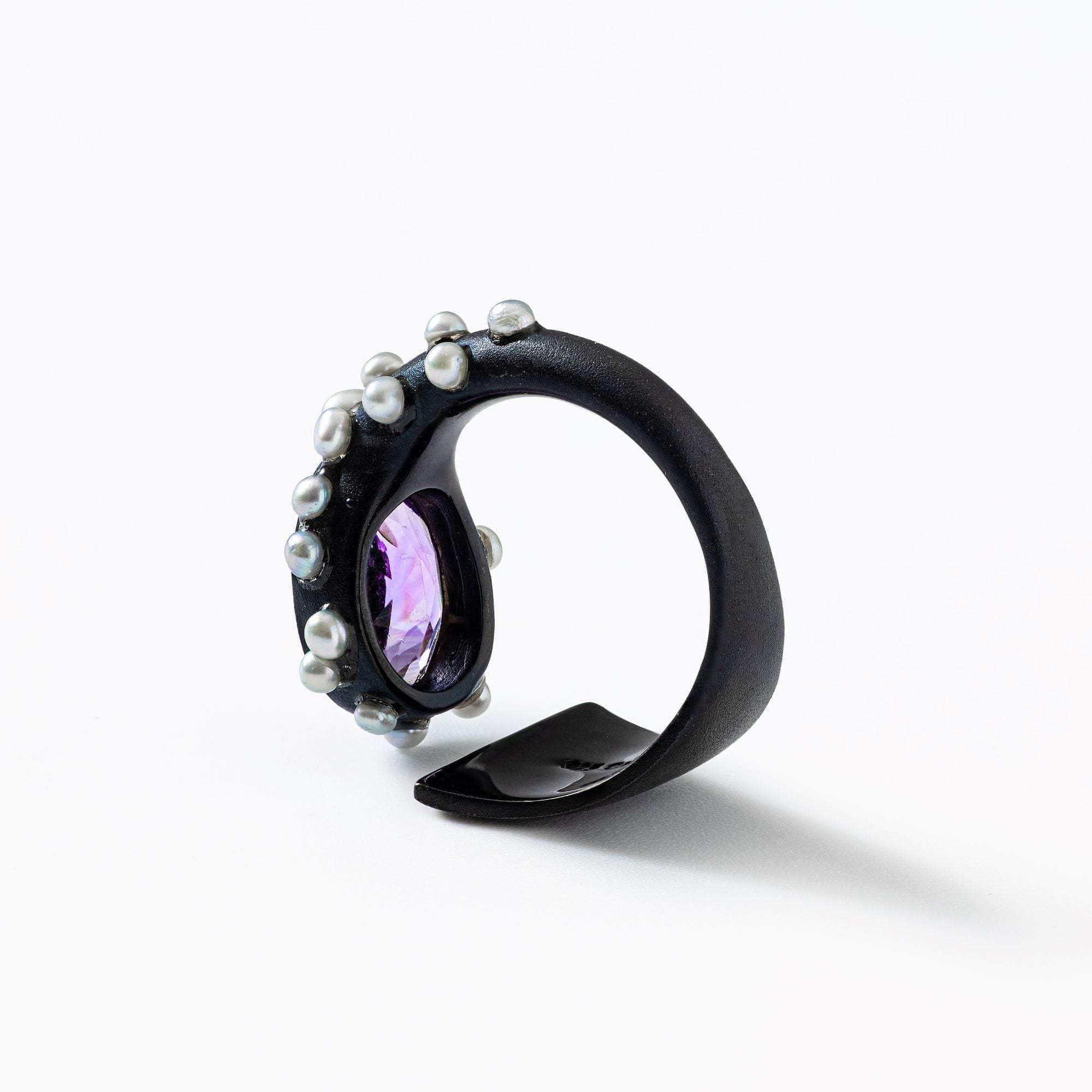 Apu Iconic Design Open Band Sterling Silver Ring with Natural Amethyst & Cultured Micro Pearls (Anthracite-Plated)