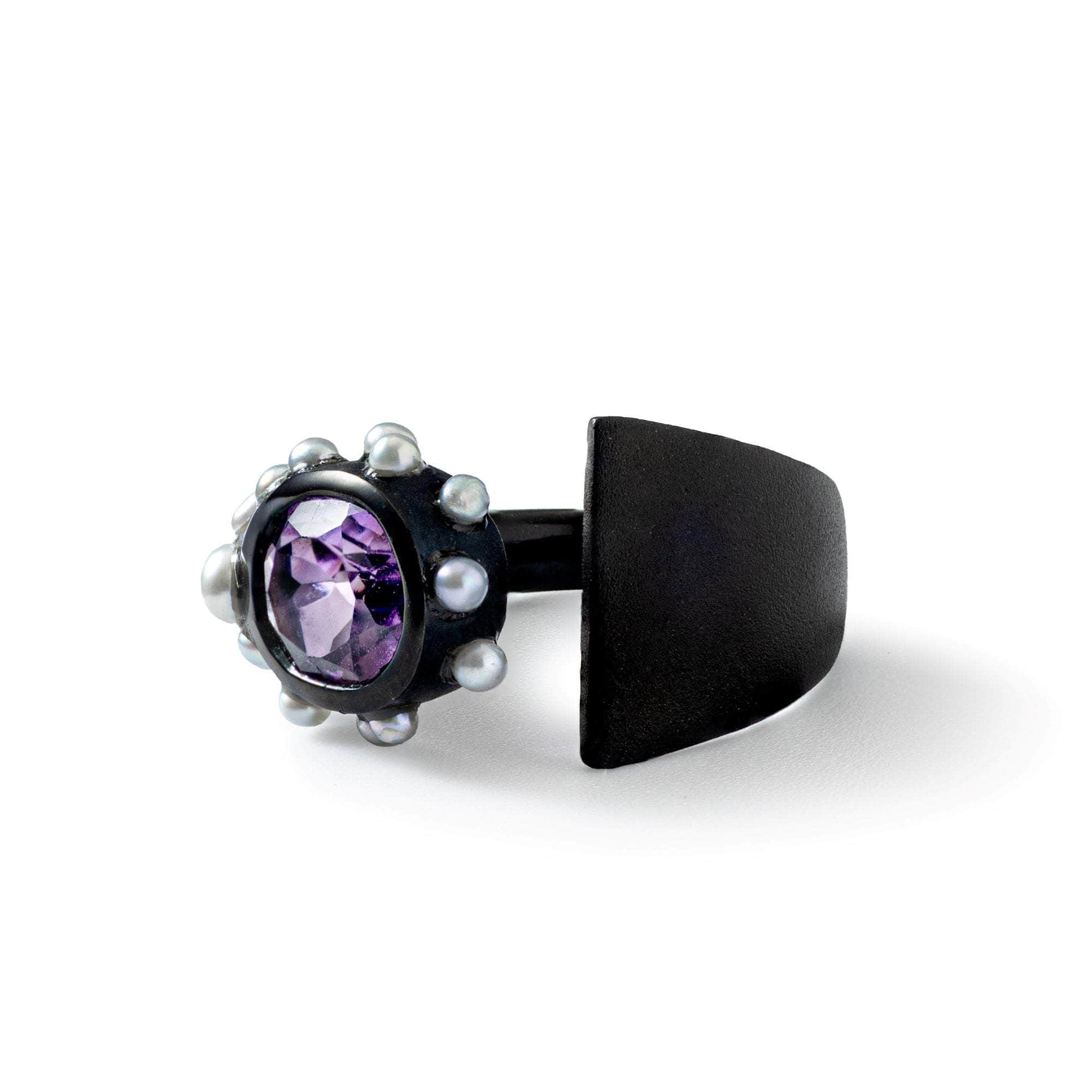 Apu Iconic Design Open Band Sterling Silver Ring with Natural Amethyst & Cultured Micro Pearls (Anthracite-Plated)