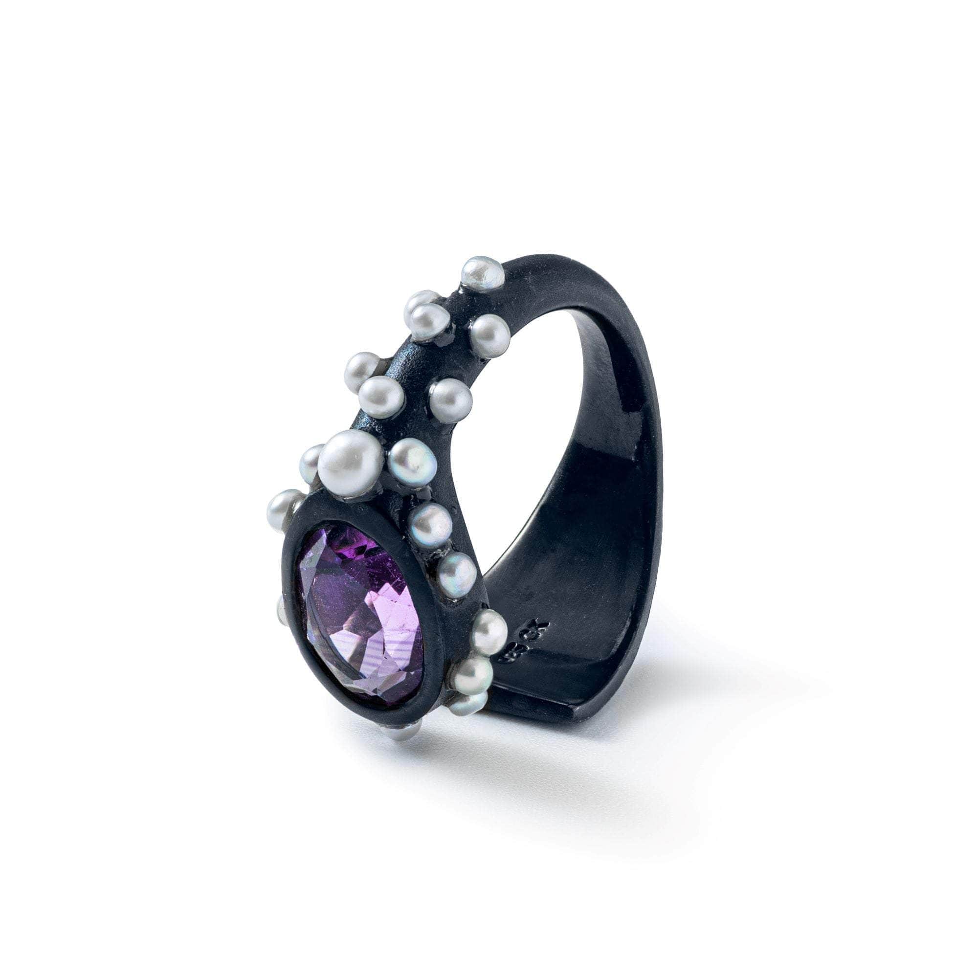 Apu Iconic Design Open Band Sterling Silver Ring with Natural Amethyst & Cultured Micro Pearls (Anthracite-Plated)