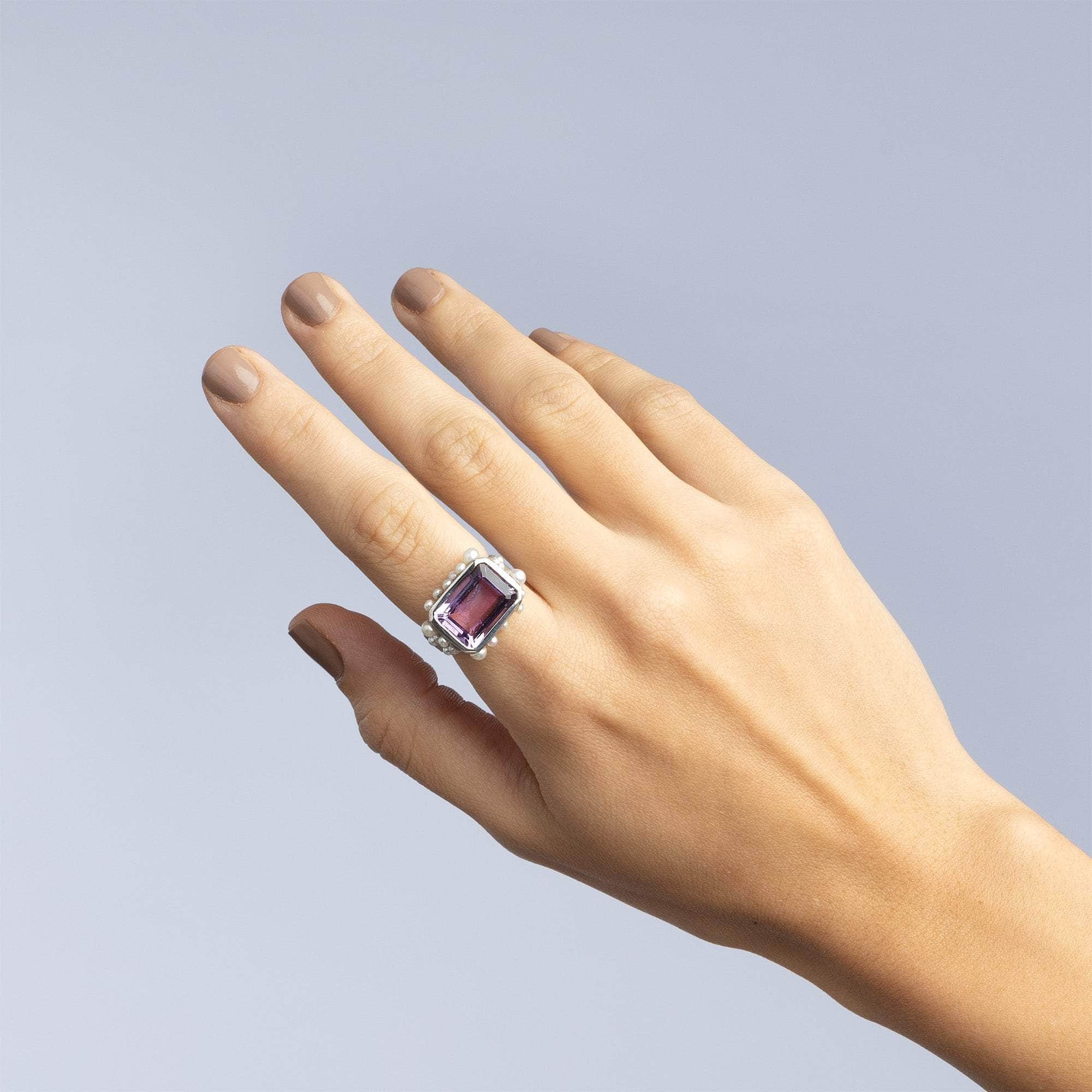 Aralez Statement Ring with Natural Amethyst & Micro Pearls in 925 Silver