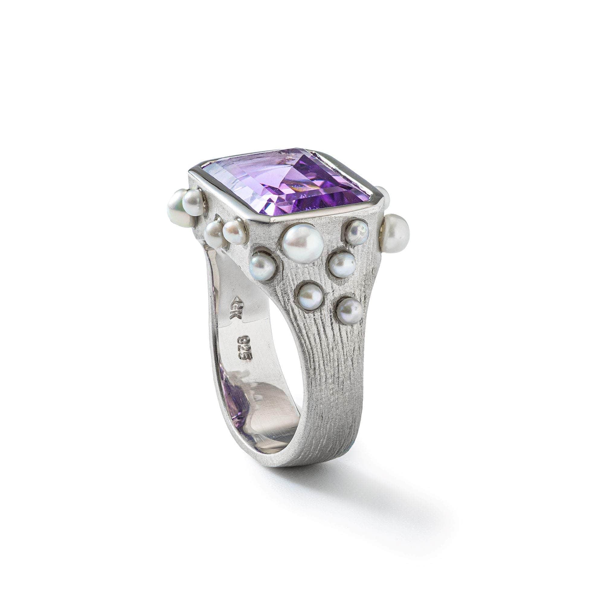 Aralez Statement Ring with Natural Amethyst & Micro Pearls in 925 Silver