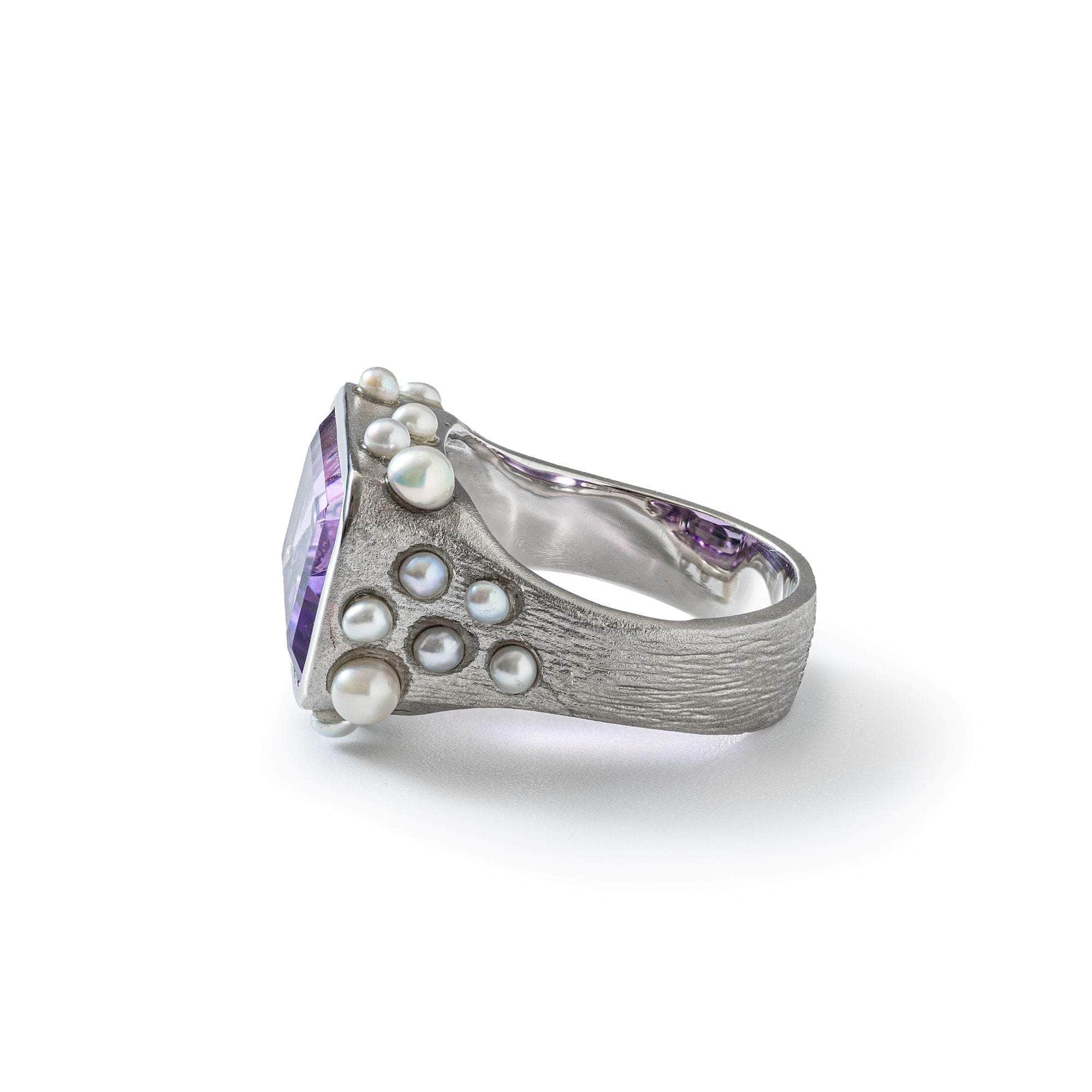 Aralez Statement Ring with Natural Amethyst & Micro Pearls in 925 Silver