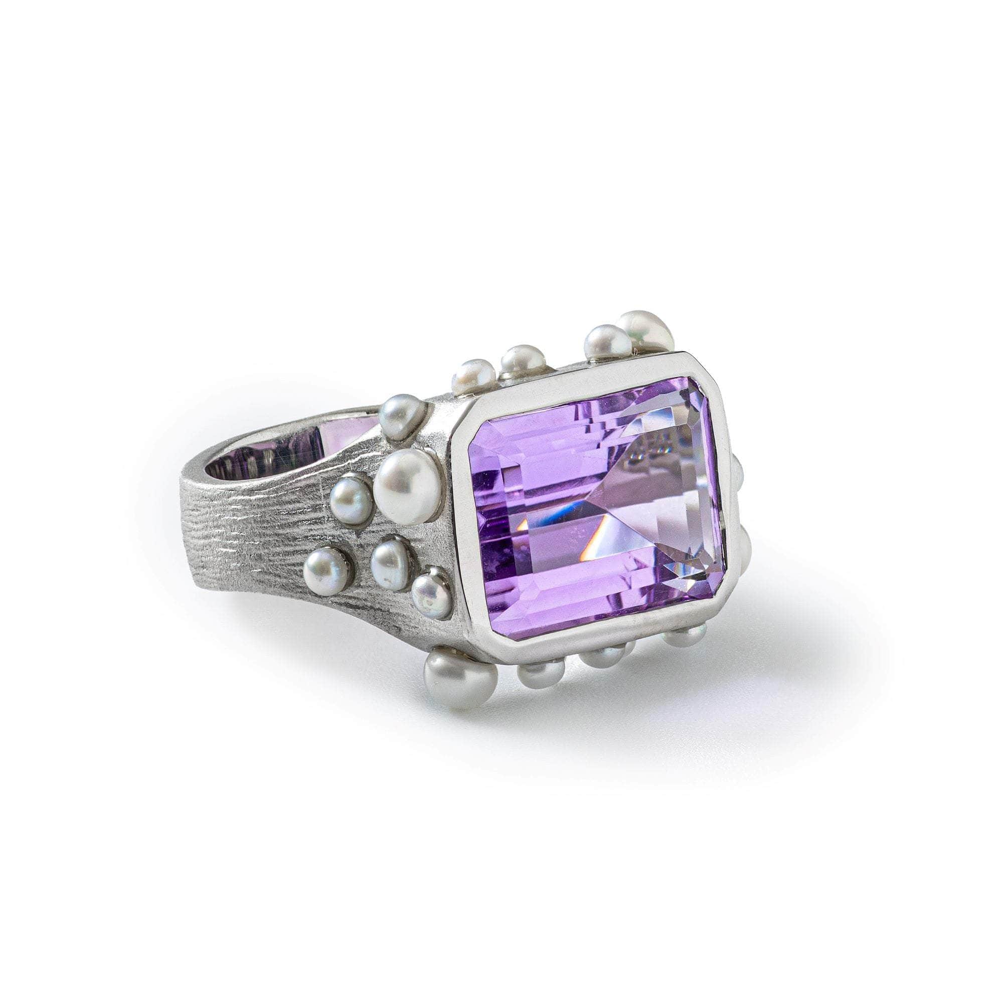 Aralez Statement Ring with Natural Amethyst & Micro Pearls in 925 Silver
