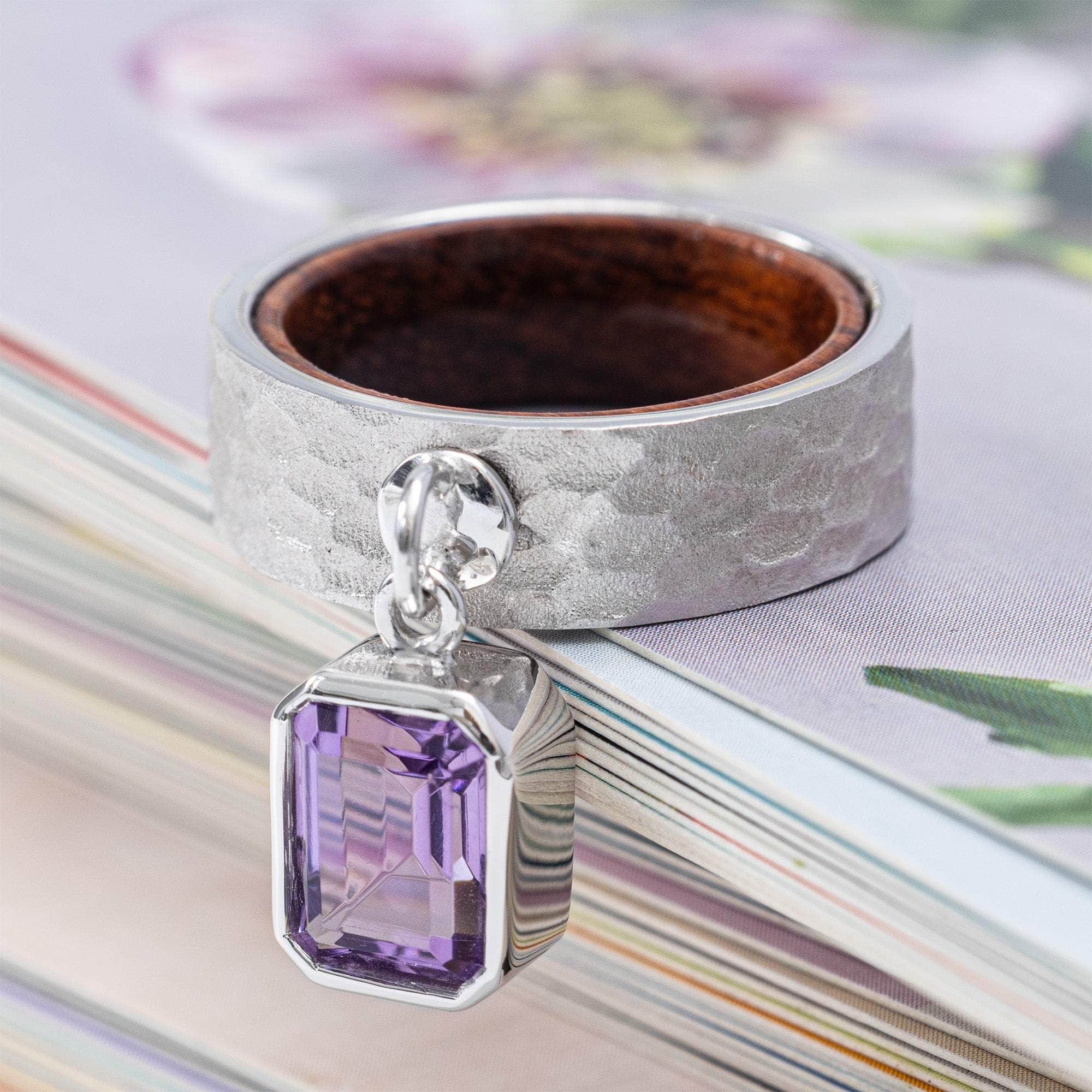 Aurae Silver & Rosewood Textured Ring with Suspended Amethyst Gemstone