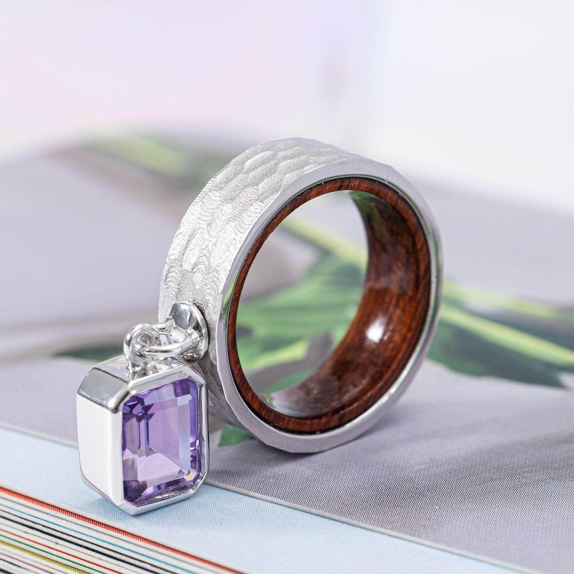 Aurae Silver & Rosewood Textured Ring with Suspended Amethyst Gemstone