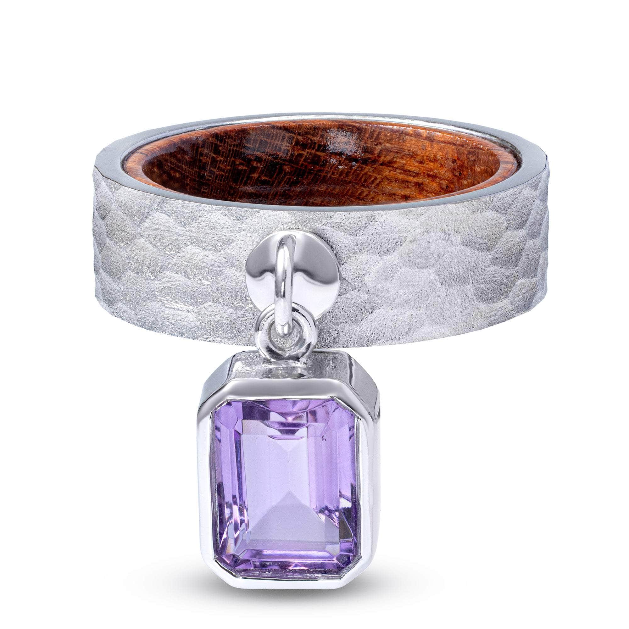 Aurae Silver & Rosewood Textured Ring with Suspended Amethyst Gemstone