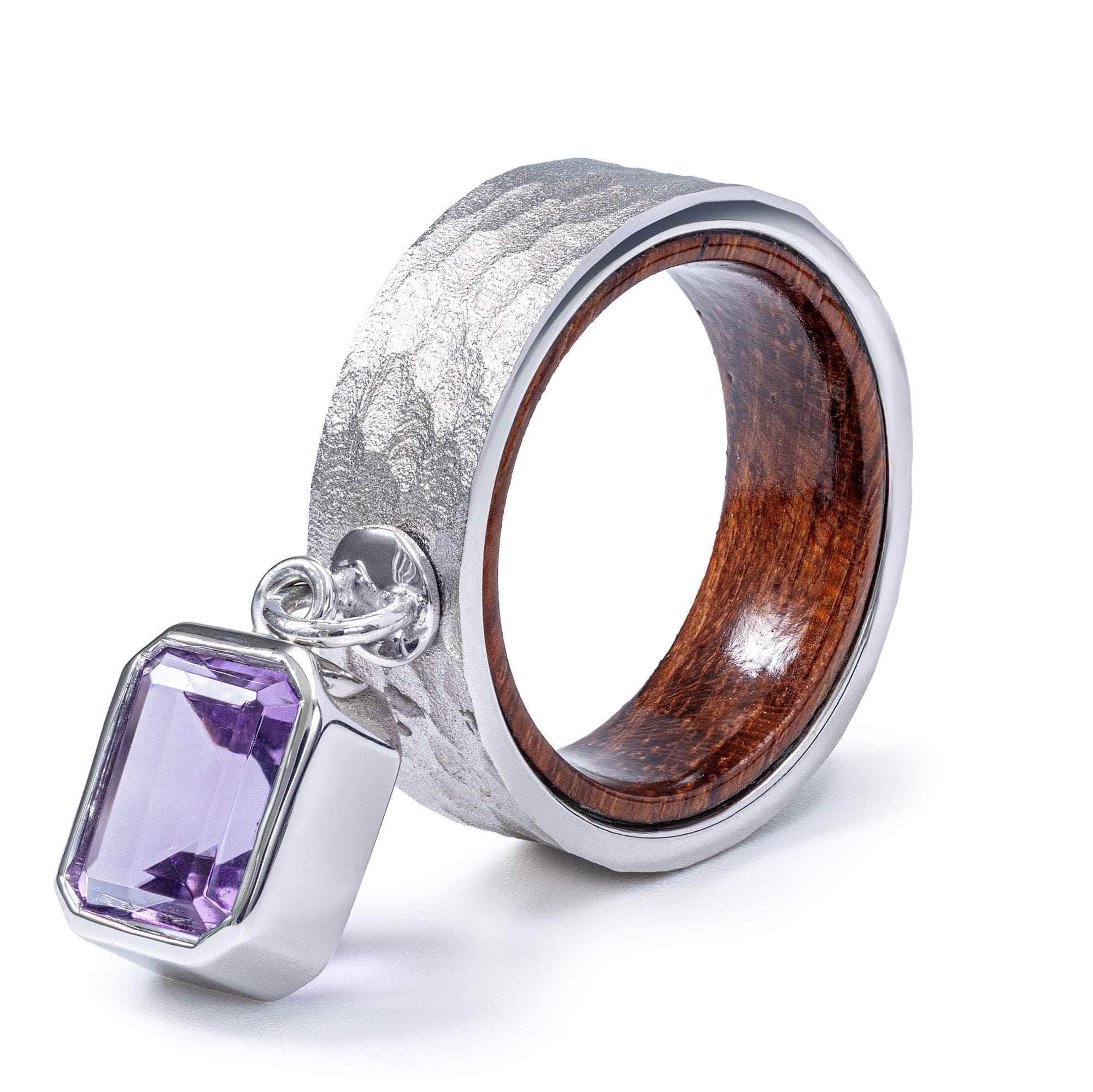 Aurae Silver & Rosewood Textured Ring with Suspended Amethyst Gemstone