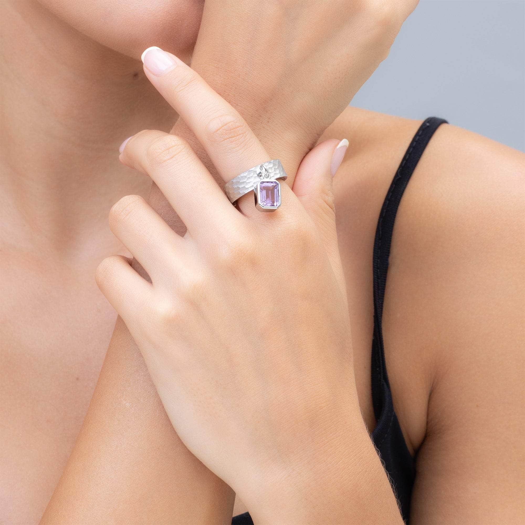 Aurae Silver & Rosewood Textured Ring with Suspended Amethyst Gemstone