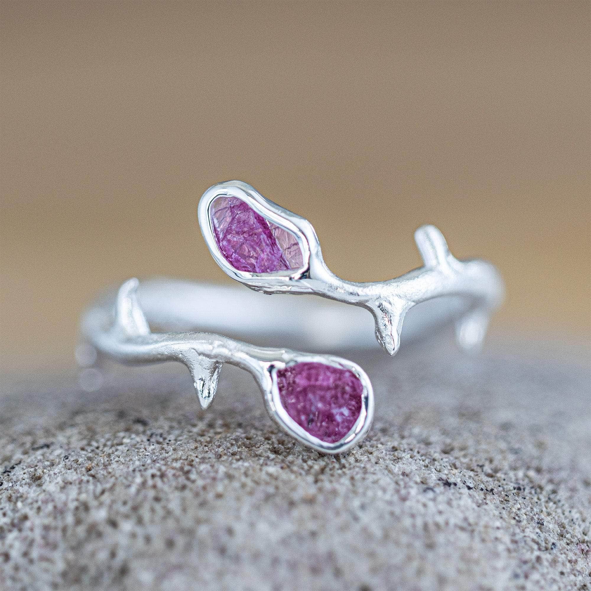 Barbera Thorn-Inspired Open Band Sterling Silver Ring with Natural Raw Ruby