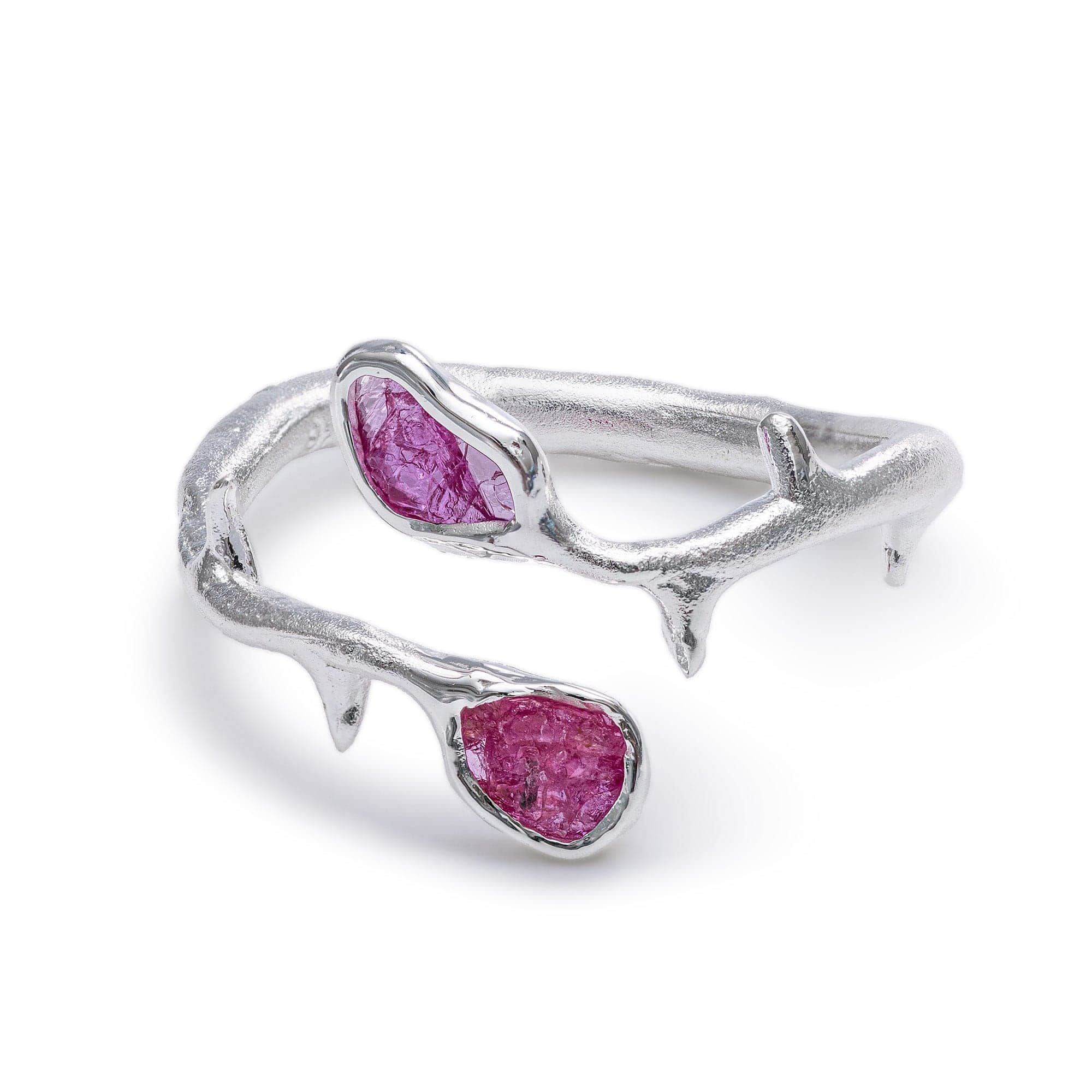 Barbera Thorn-Inspired Open Band Sterling Silver Ring with Natural Raw Ruby