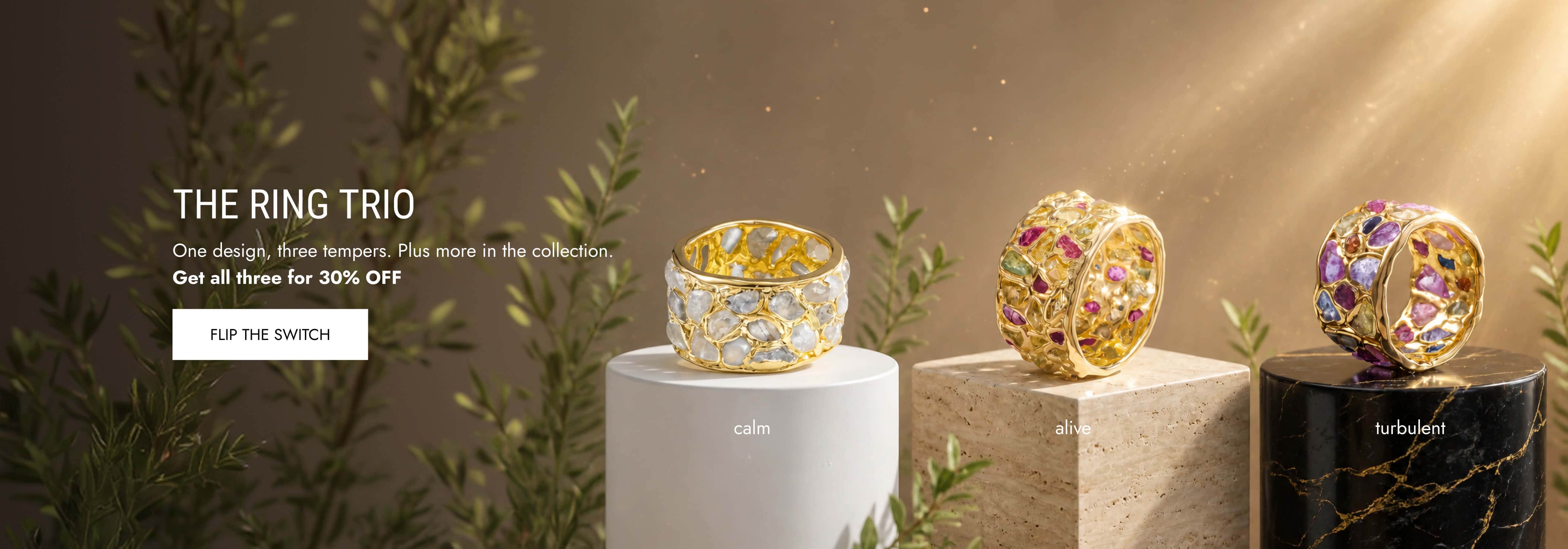 barrel rings with raw gemstones