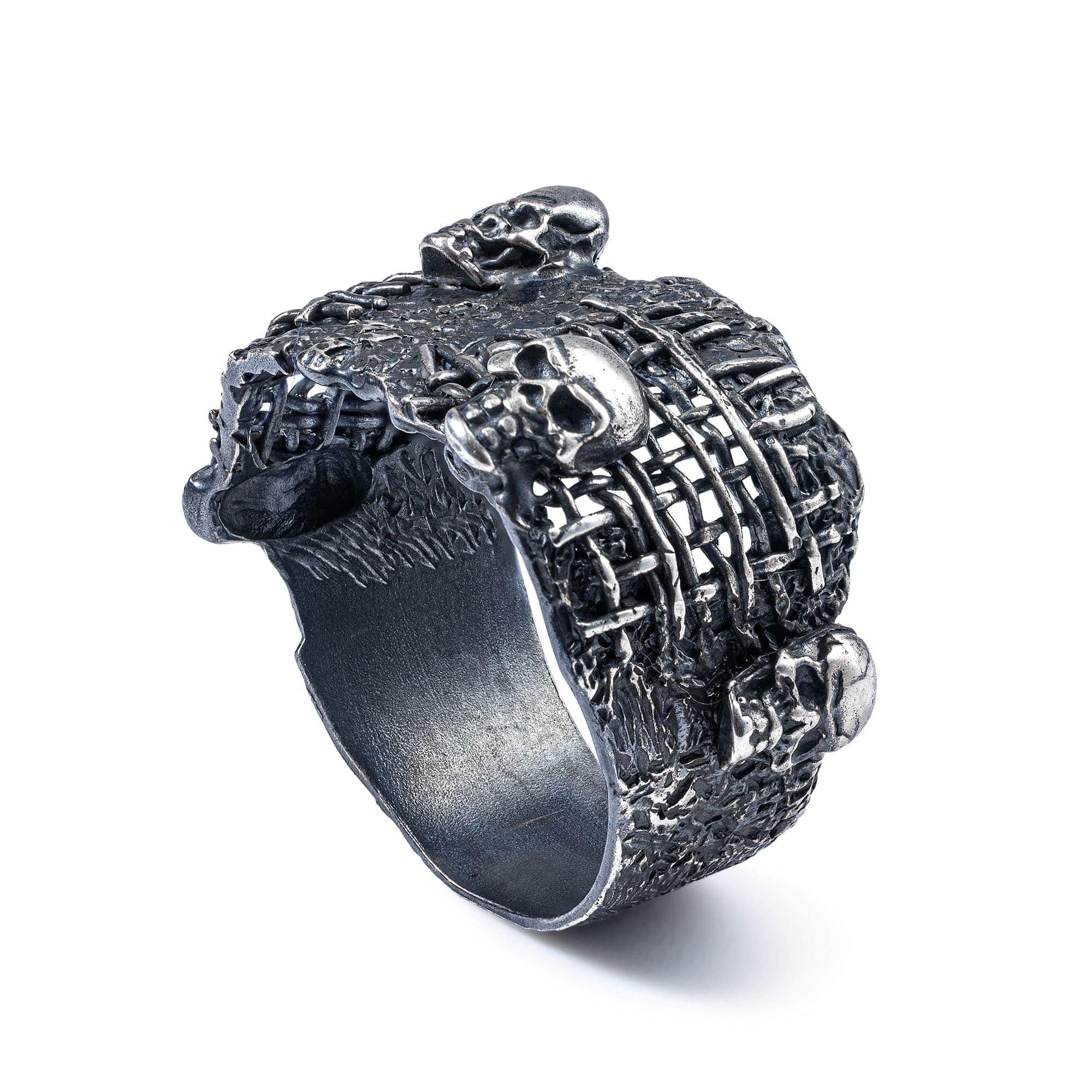 Basilisk Oxidized 925 Silver Ring with Miniature Skull Detailing
