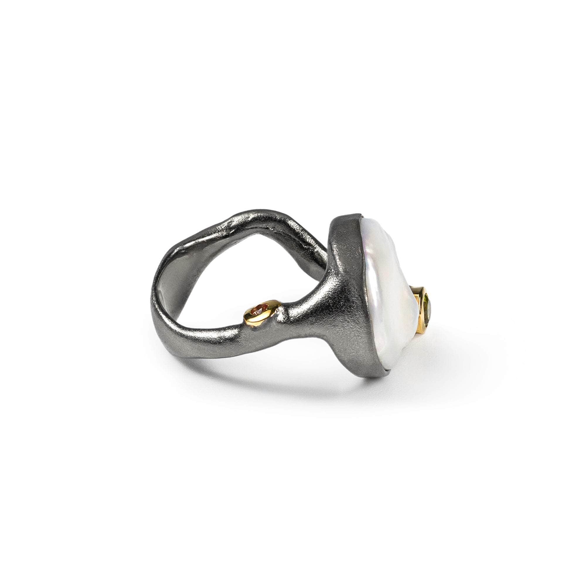 Beyaz Baroque Pearl and Peridot and Orange Sapphire Ring (Black Rhodium, Gold 18K) GERMAN KABIRSKI
