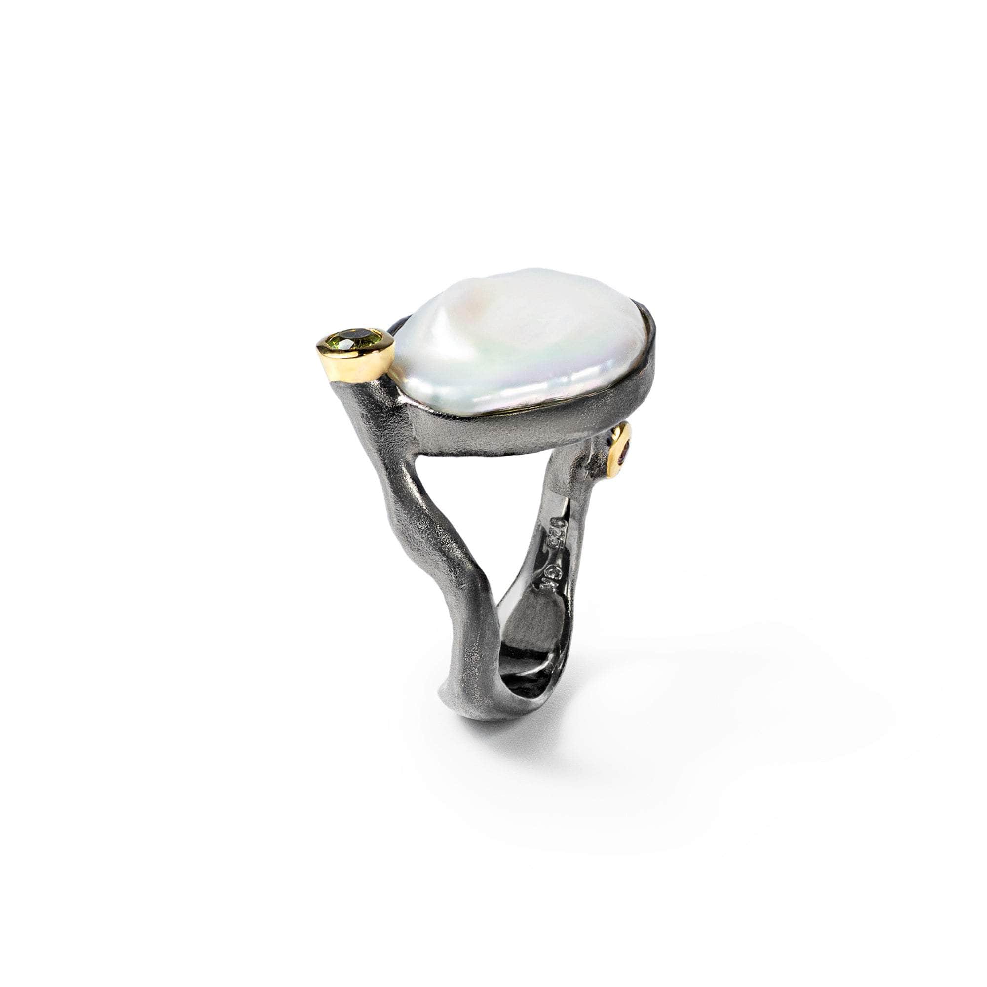 Beyaz Baroque Pearl and Peridot and Orange Sapphire Ring (Black Rhodium, Gold 18K) GERMAN KABIRSKI