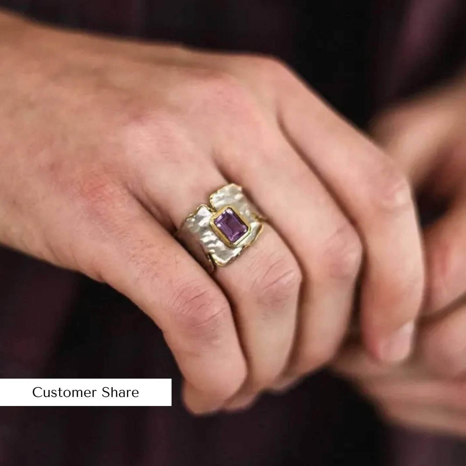 Cyra Iconic Octagon-Cut Amethyst Silver Ring in White Rhodium and 18K Gold