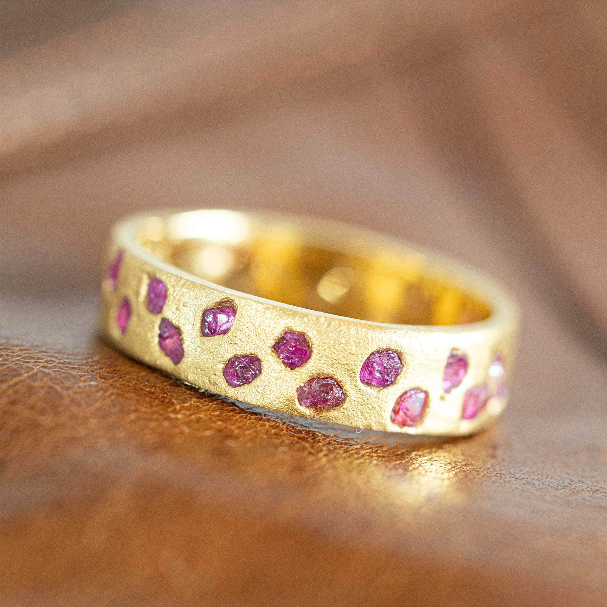 Cyrene Handmade Ring with Raw Ruby Crystals Fused into the 14K Gold Plated Sterling Silver Band
