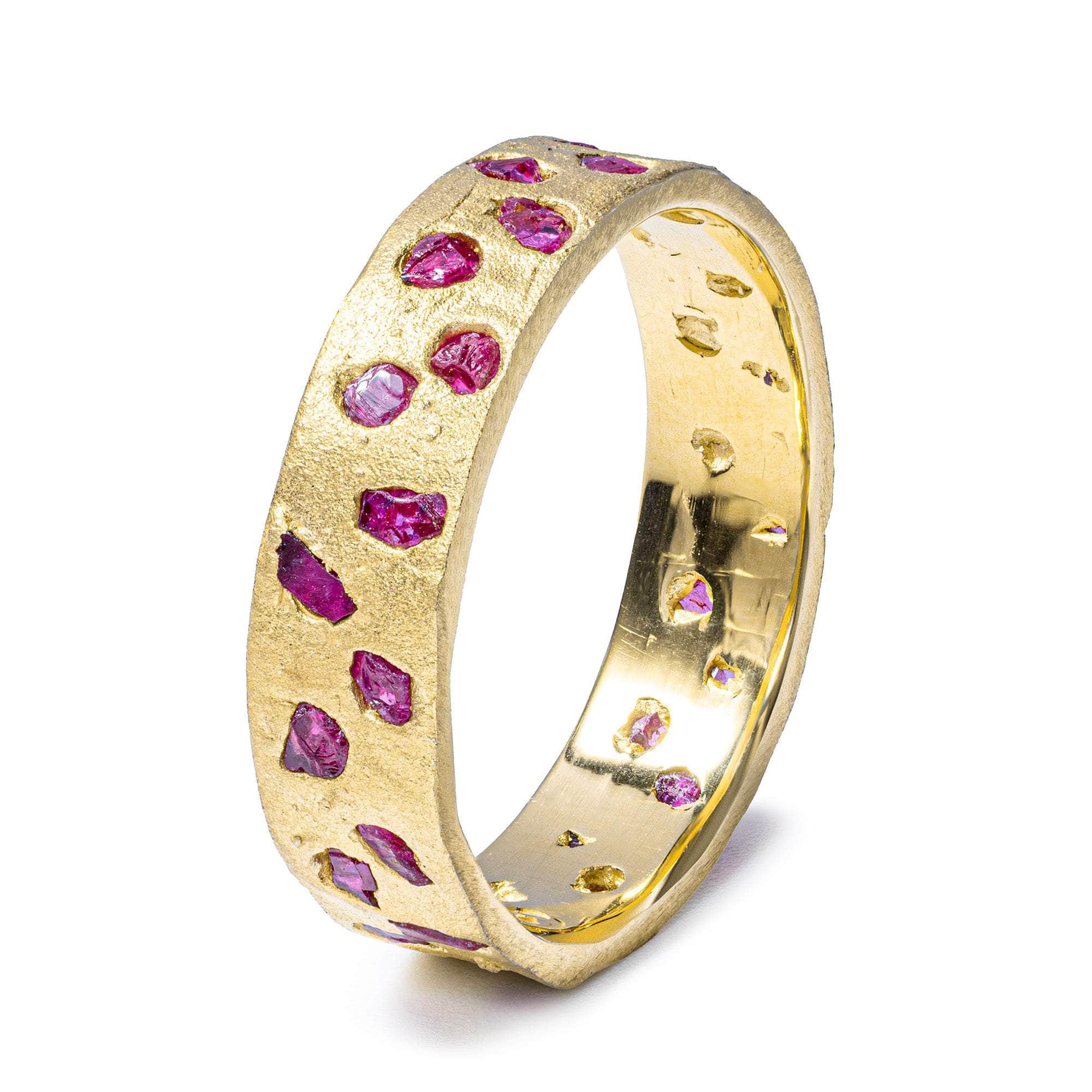 Cyrene Handmade Ring with Raw Ruby Crystals Fused into the 14K Gold Plated Sterling Silver Band
