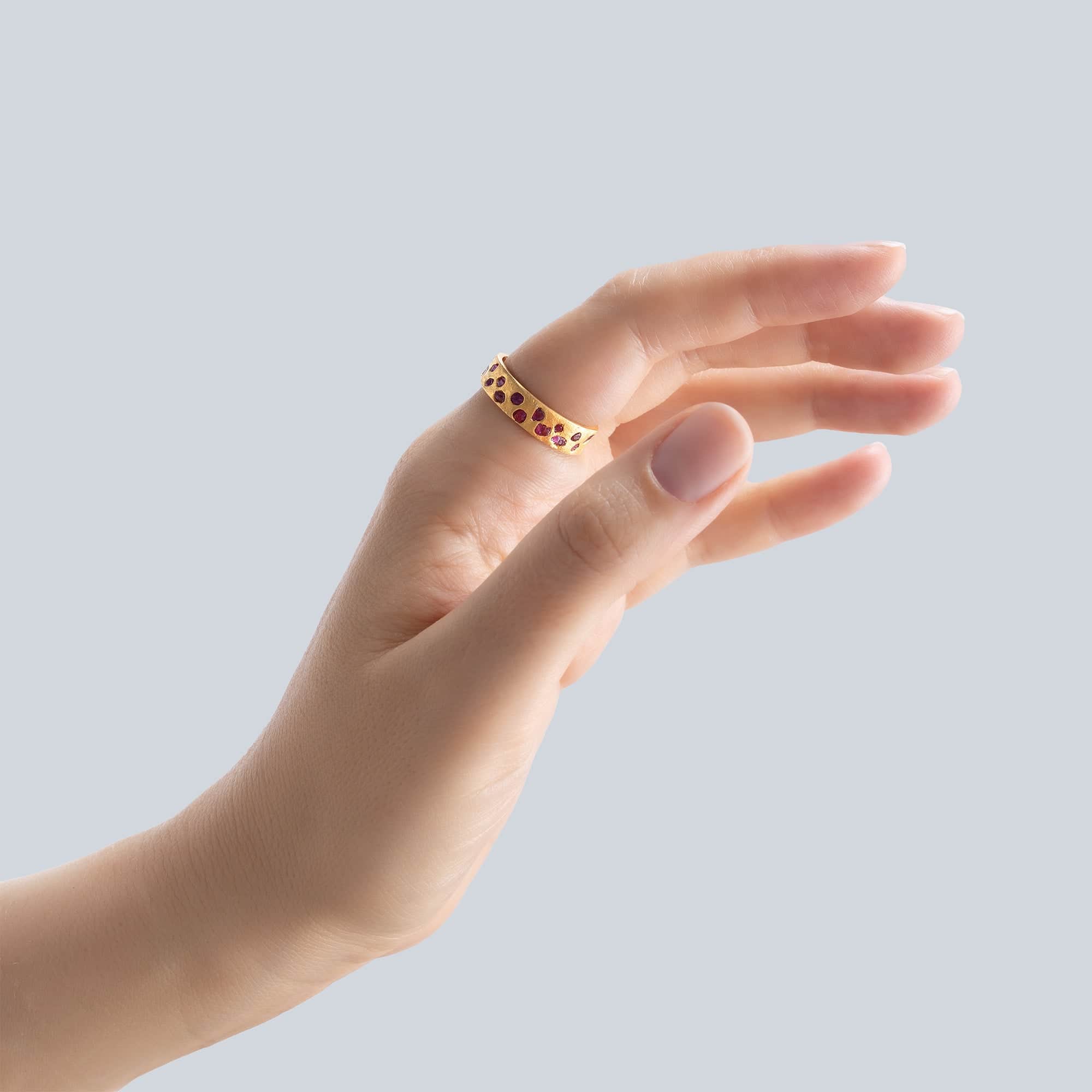 Cyrene Handmade Ring with Raw Ruby Crystals Fused into the 14K Gold Plated Sterling Silver Band