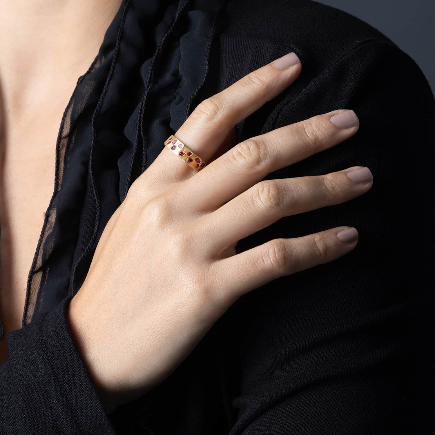 Cyrene Handmade Ring with Raw Ruby Crystals Fused into the 14K Gold Plated Sterling Silver Band