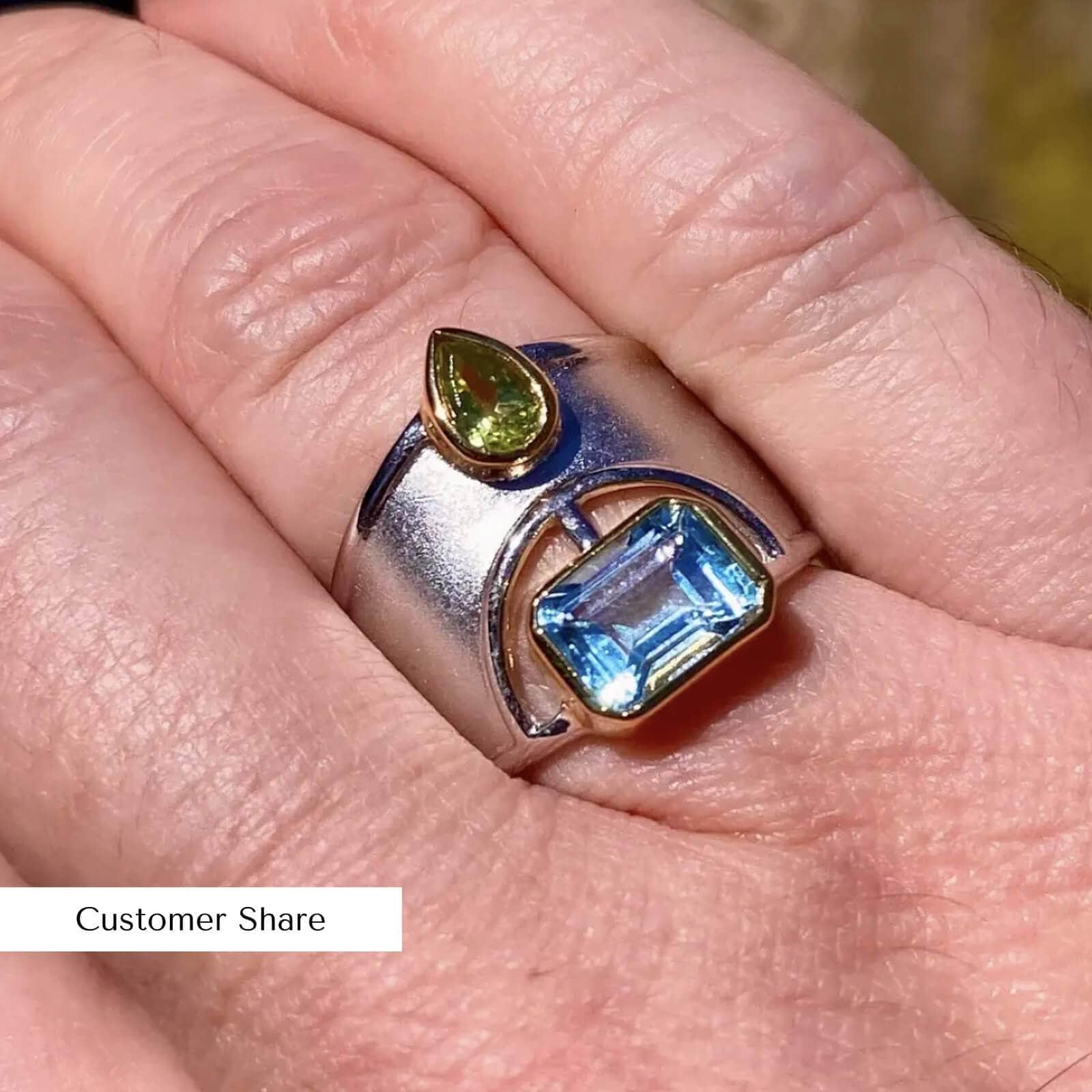 Deko Geometric Design Natural Blue Topaz and Peridot Ring in Sterling Silver (18K Gold and White Rhodium-Plated)