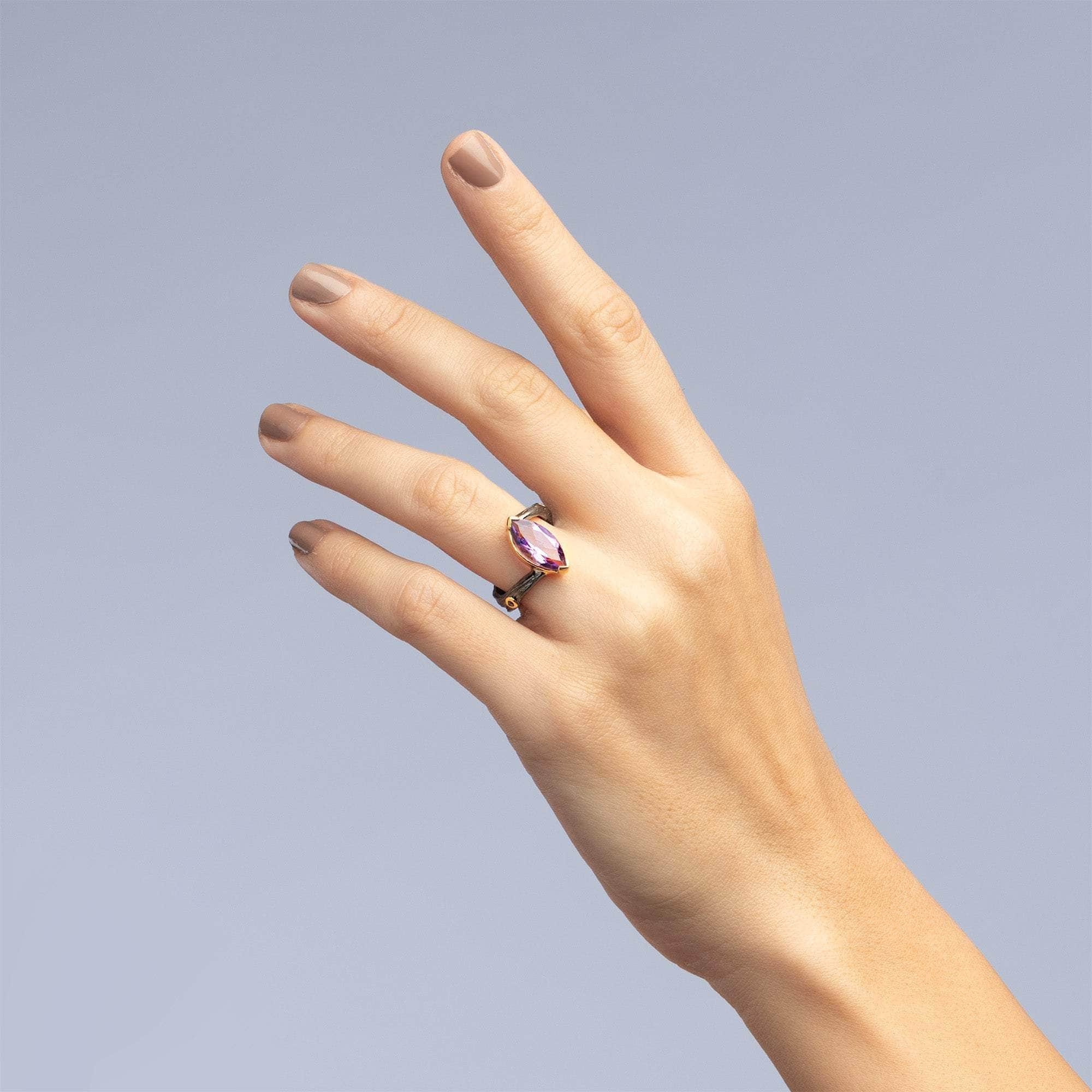 Dewi Iconic Design Natural Amethyst Silver Ring in Black Rhodium and 18K Gold