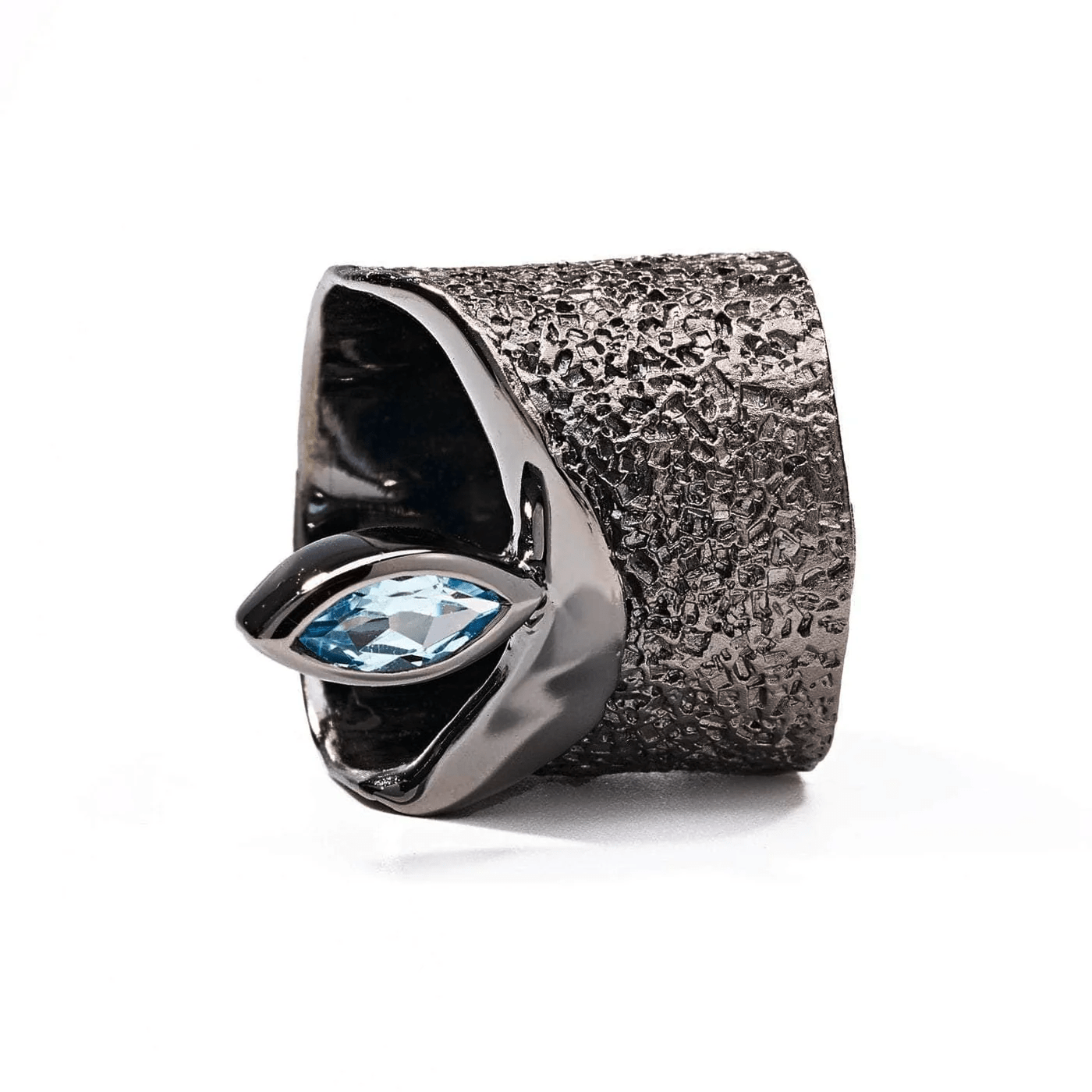 Eartha Iconic Design Blue Topaz Silver Ring in Black Rhodium