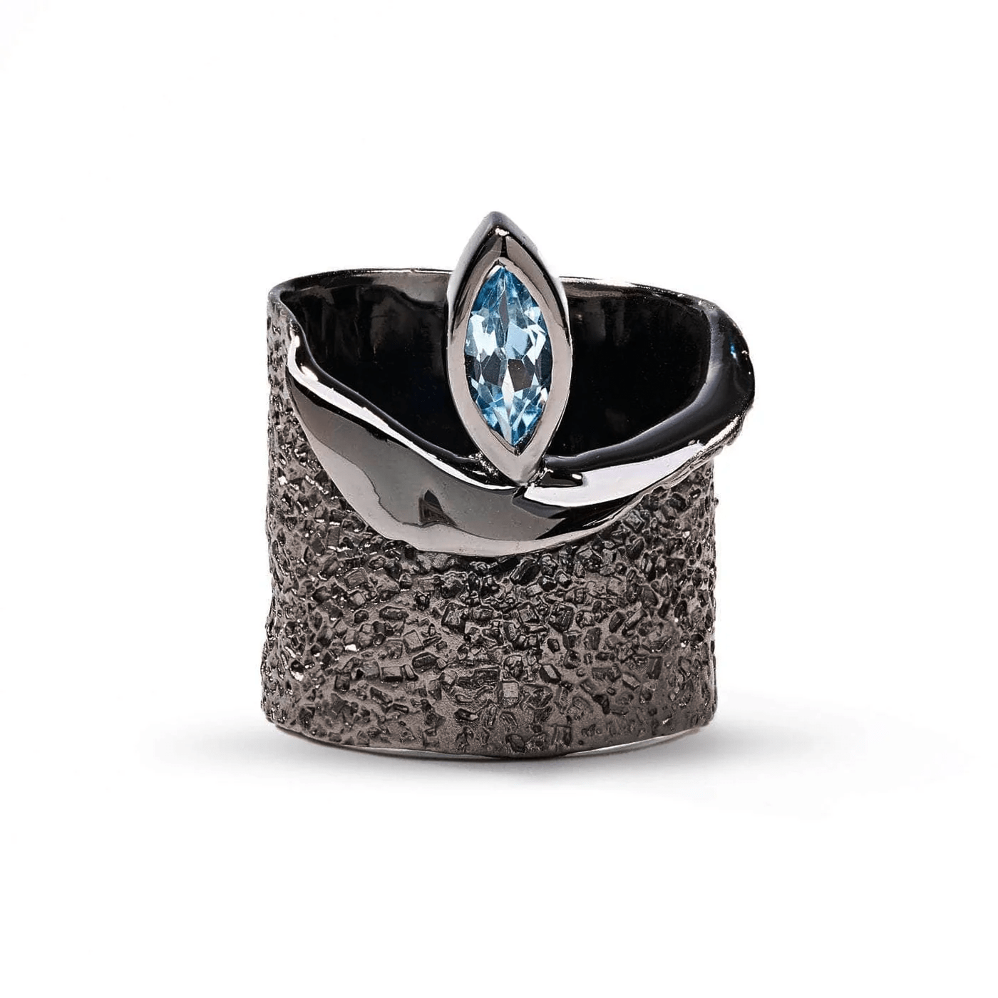 Eartha Iconic Design Blue Topaz Silver Ring in Black Rhodium