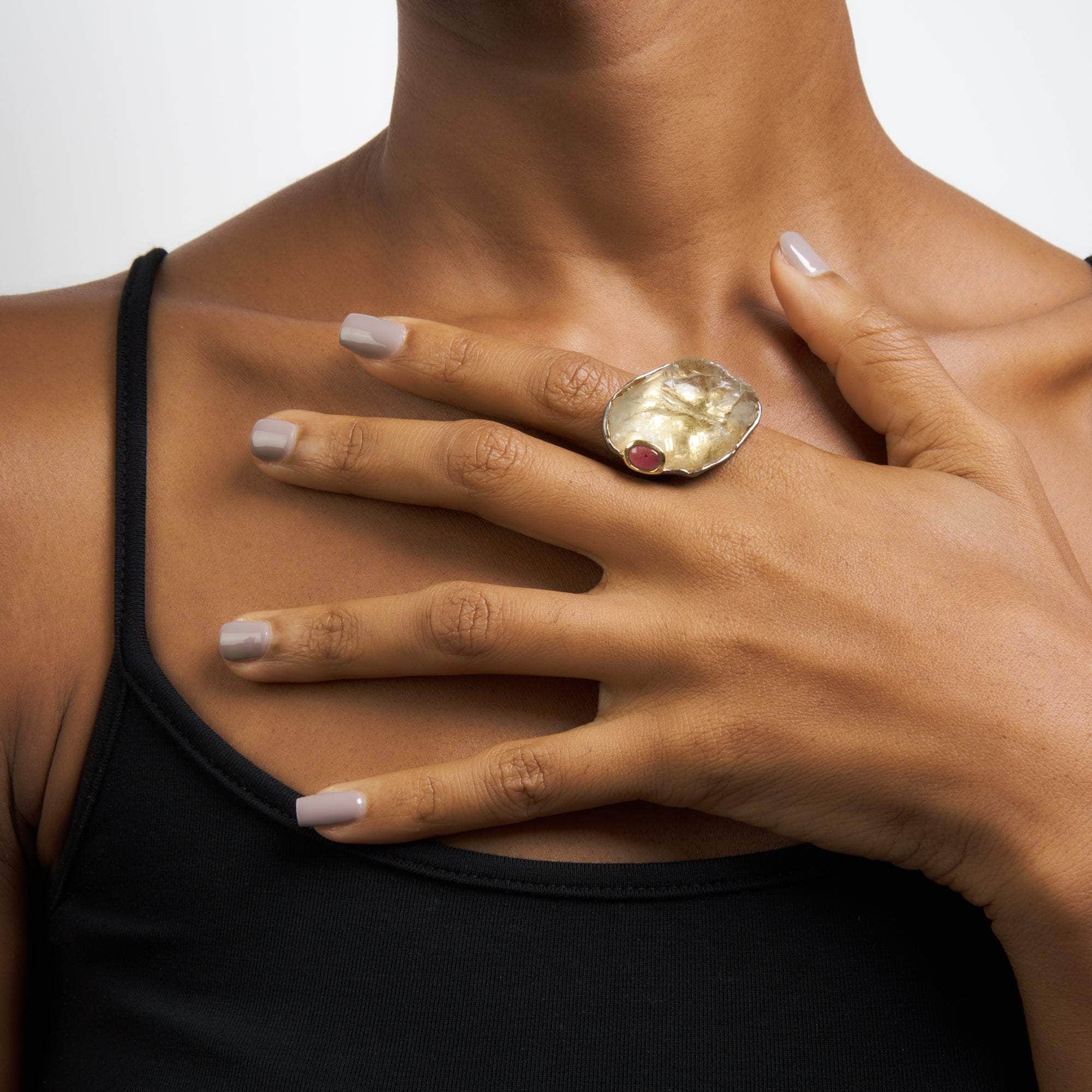 Myrto Rough Lemon Quartz and Ruby Ring GERMAN KABIRSKI