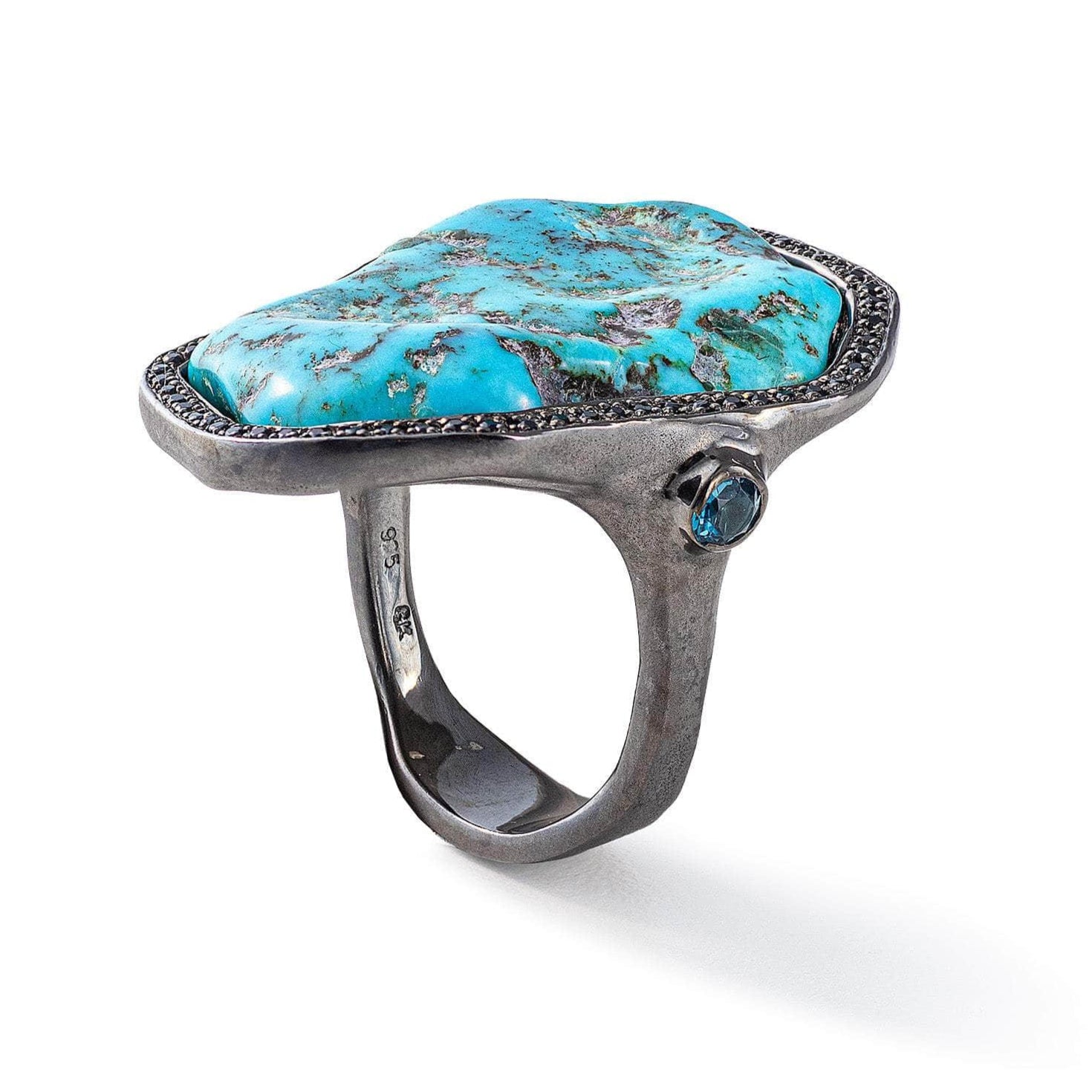 Deto Rough Turquoise and London Blue Topaz and Black Spinel Ring GERMAN KABIRSKI