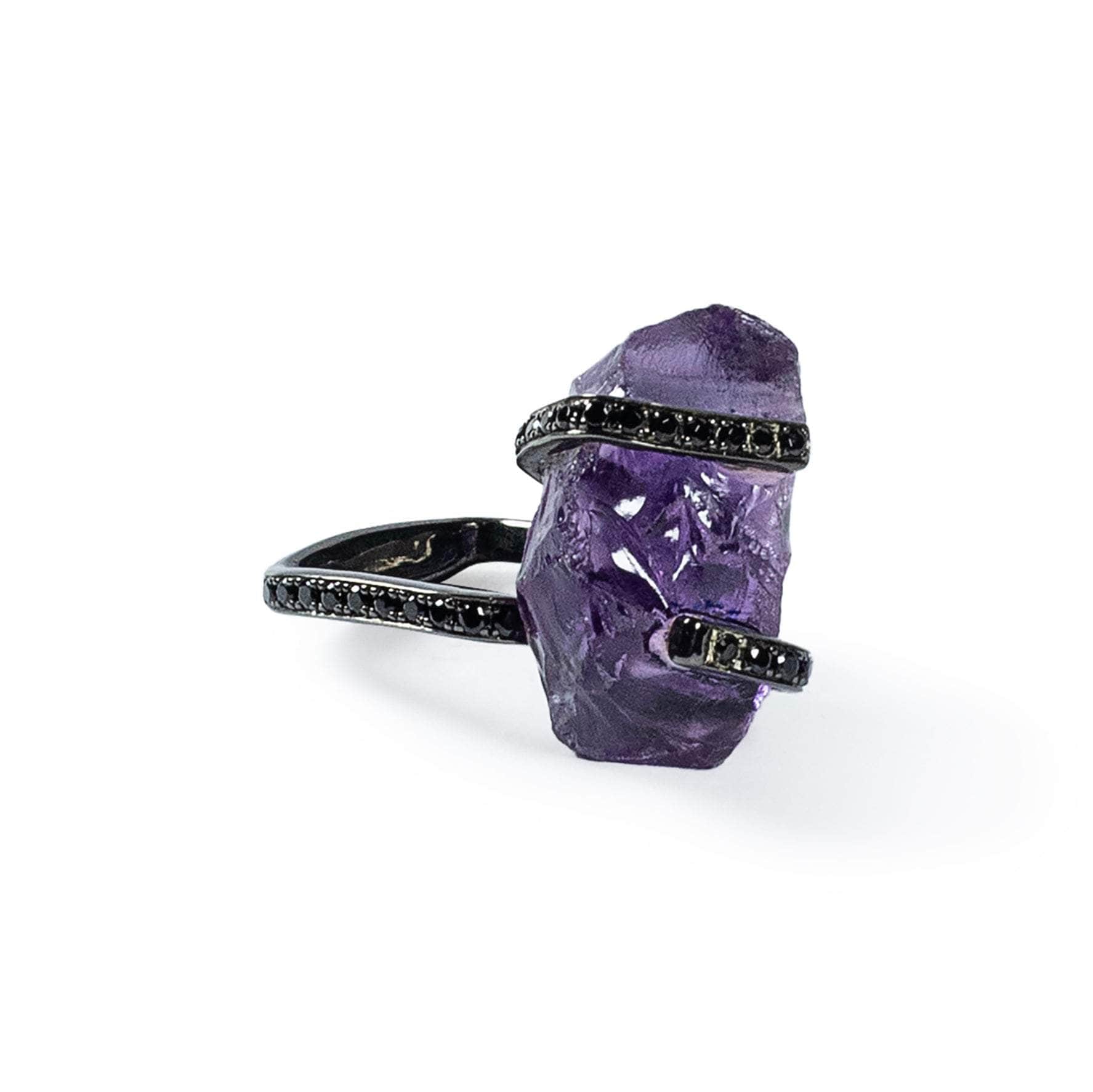 Baree Singular Chunky Rough Amethyst and Black Spinel Ring in 925 Sterling Silver