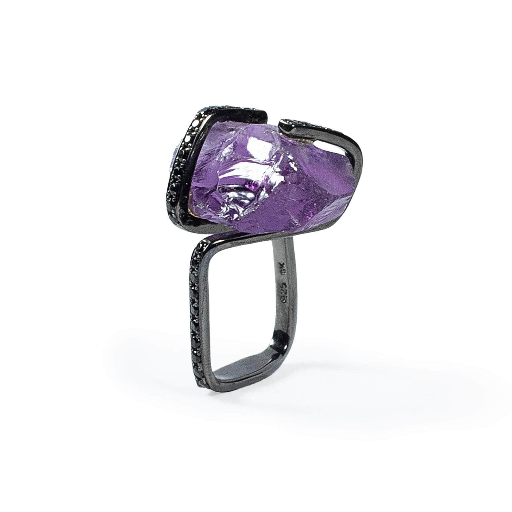 Baree Singular Chunky Rough Amethyst and Black Spinel Ring in 925 Sterling Silver
