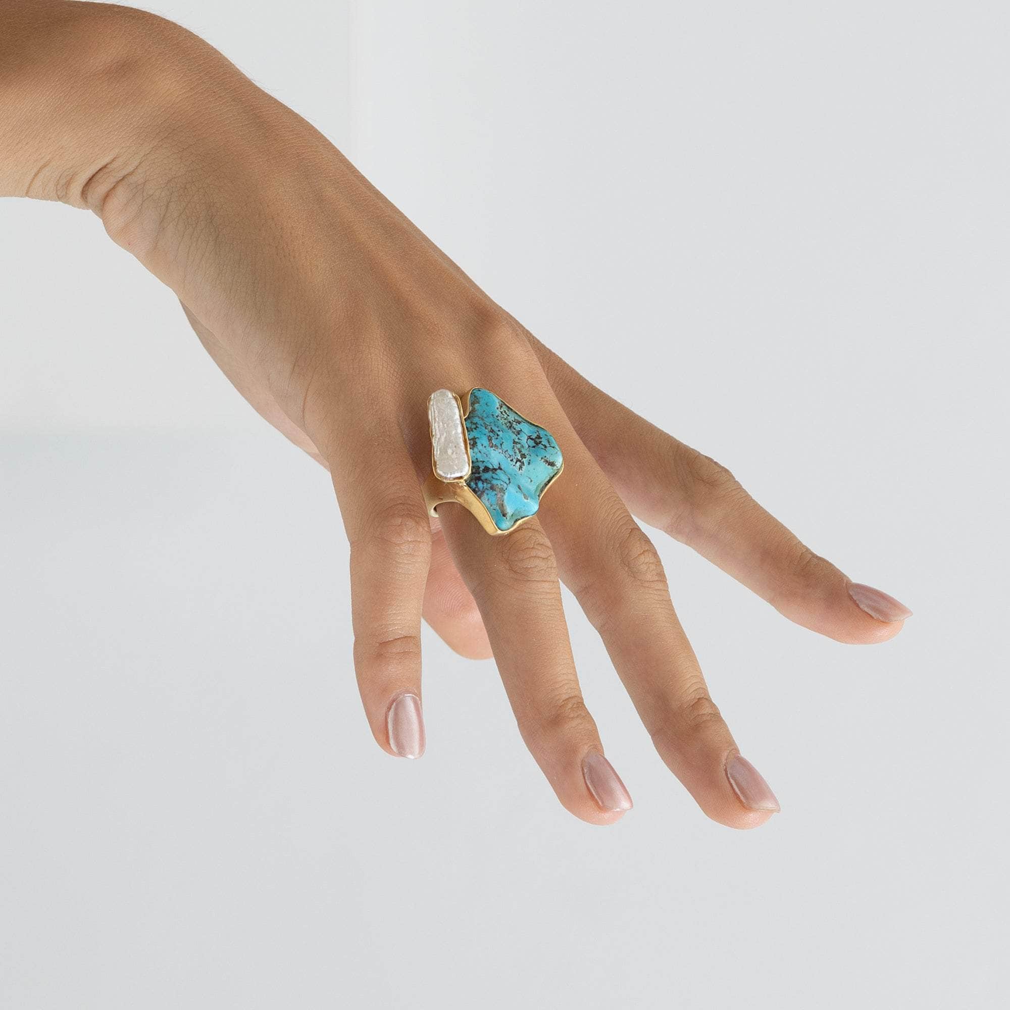 Hathori Rough Turquoise and Pearl Ring