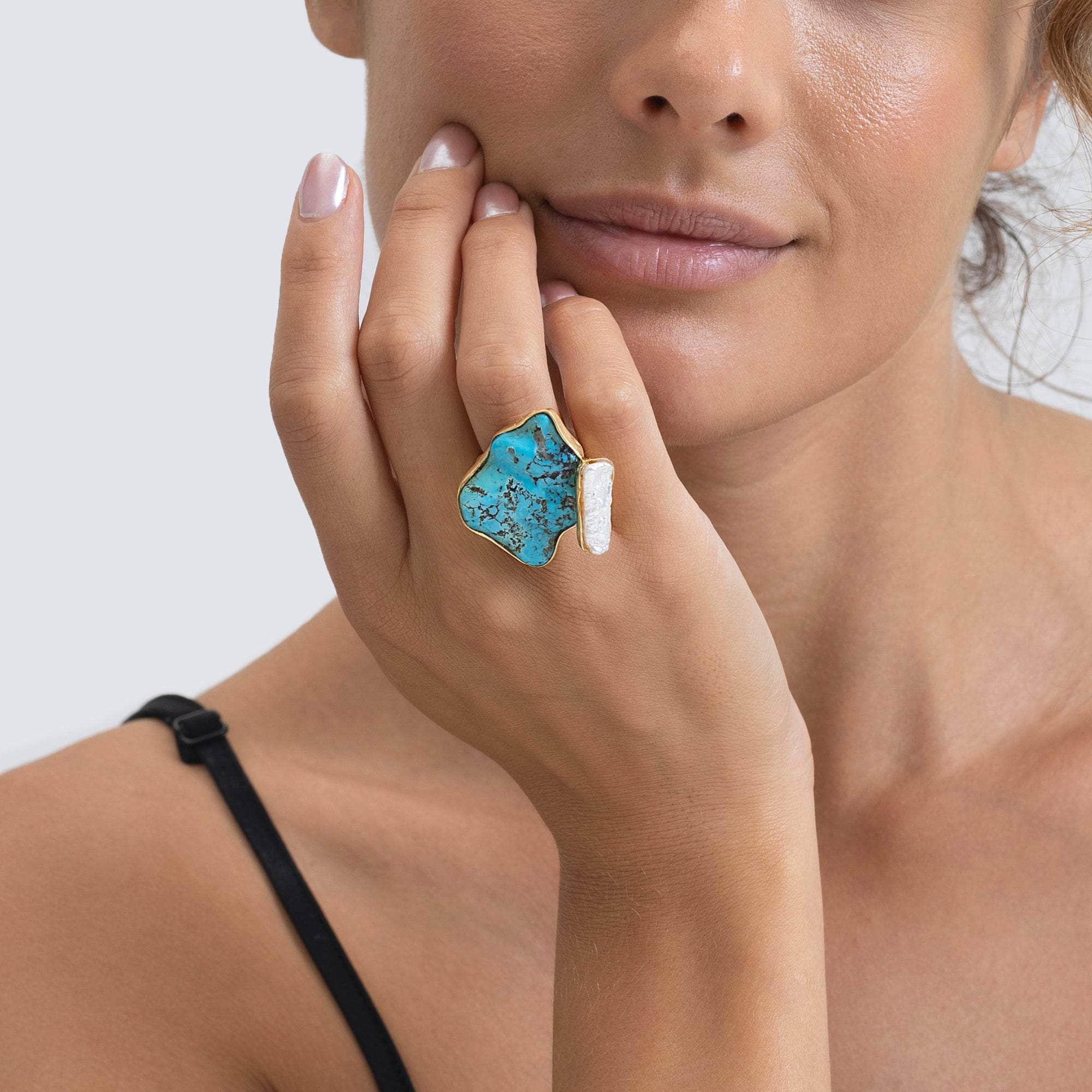 Hathori Rough Turquoise and Pearl Ring