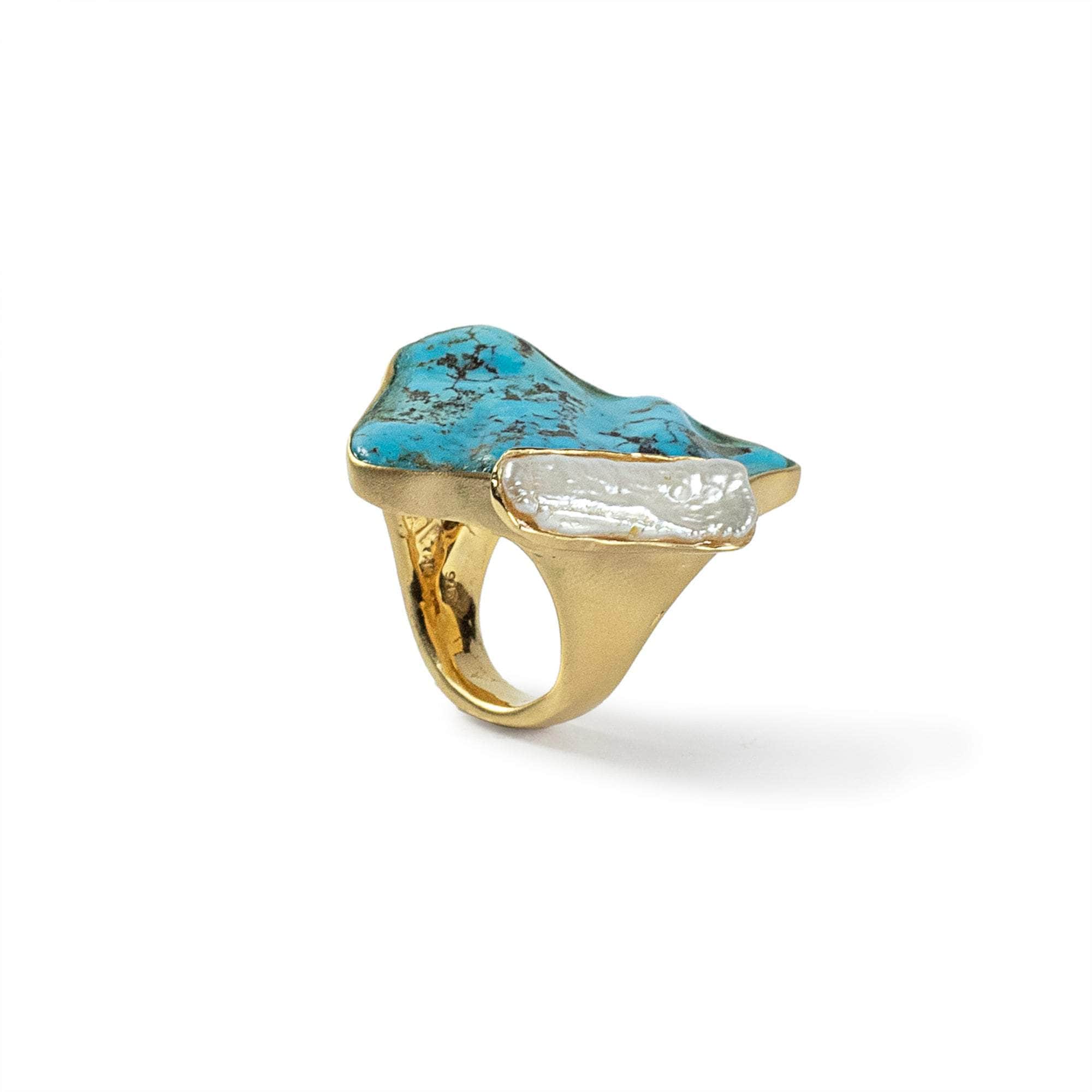 Hathori Rough Turquoise and Pearl Ring